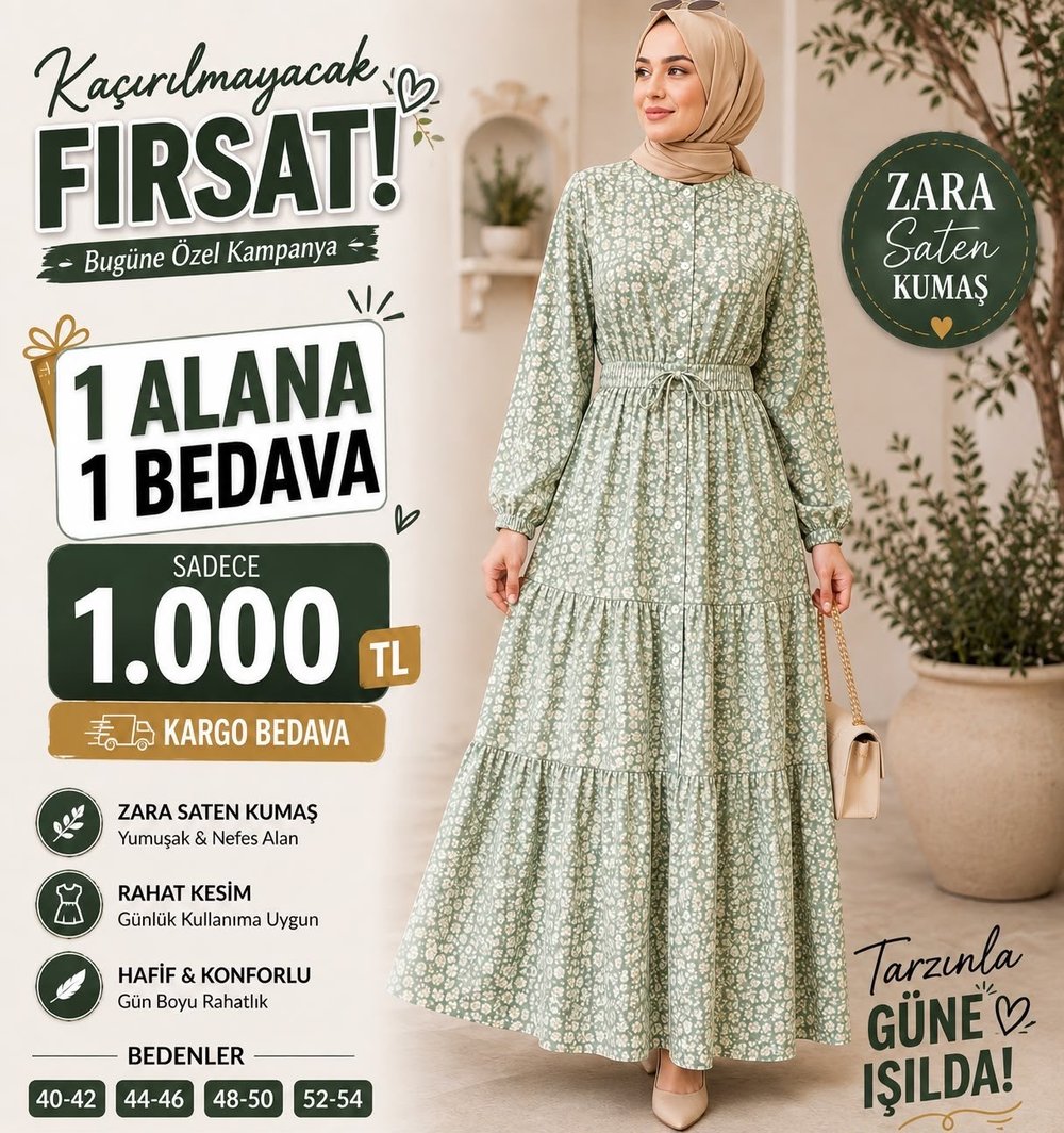 1 ALANA 1 BEDAVA 1100 TL KARGO BEDAVA ÇİÇEK DESENLİ ZARA SATEN KUMAŞ ELBİSE YEŞİL 