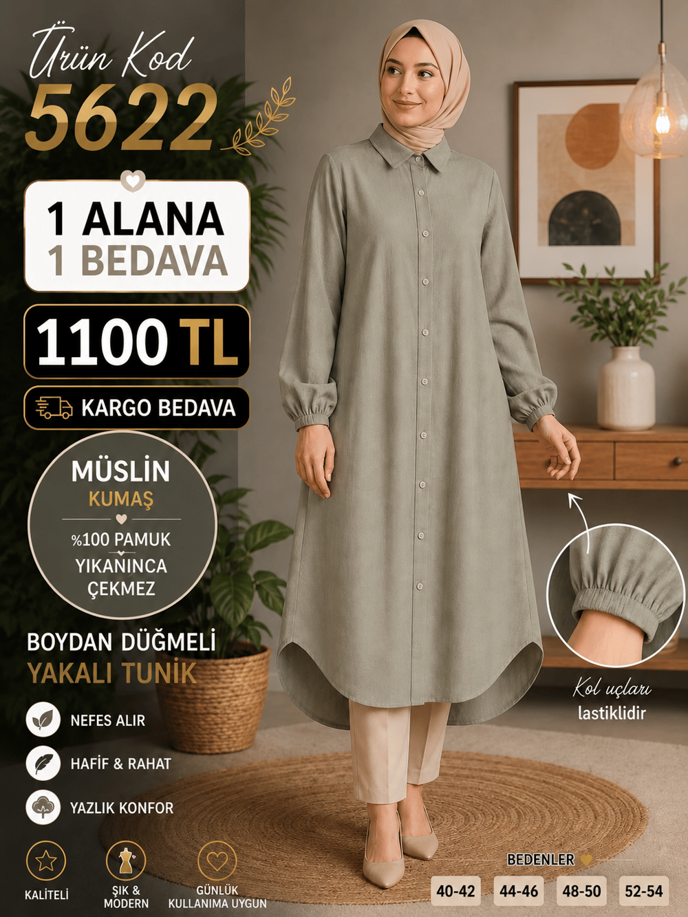 1 ALANA 1 BEDAVA 1100 TL KARGO BEDAVA MÜSLİM KUMAŞ BOYDAN DÜĞMELİ TUNİK TAŞ 