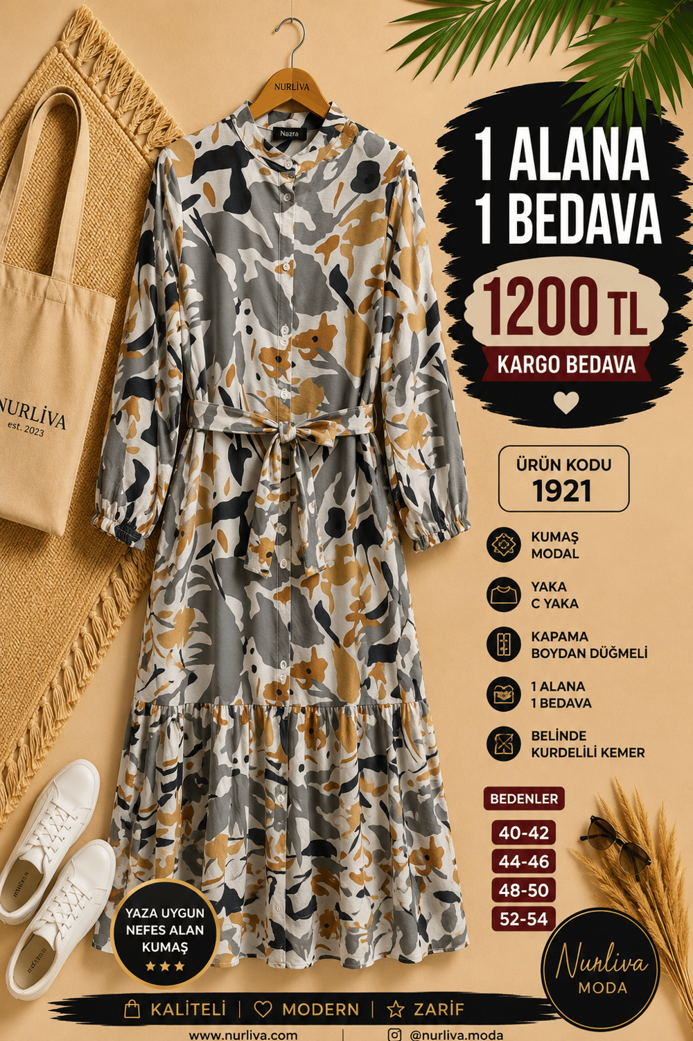 1 ALANA 1 BEDAVA 1200 TL KARGO BEDAVA MODAL KUMAŞ BOYDAN DÜĞMELİ SEYYAR KEMERLİ ELBİSE ÇOK RENKLİ 2