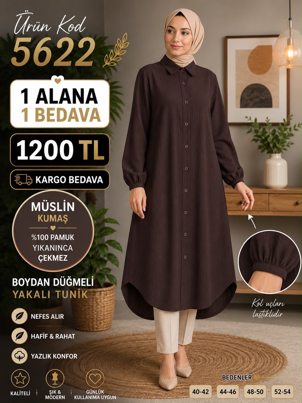 1 ALANA 1 BEDAVA 1200 TL KARGO BEDAVA MÜSLİM KUMAŞ BOYDAN DÜĞMELİ TUNİK ACI KAHVE 