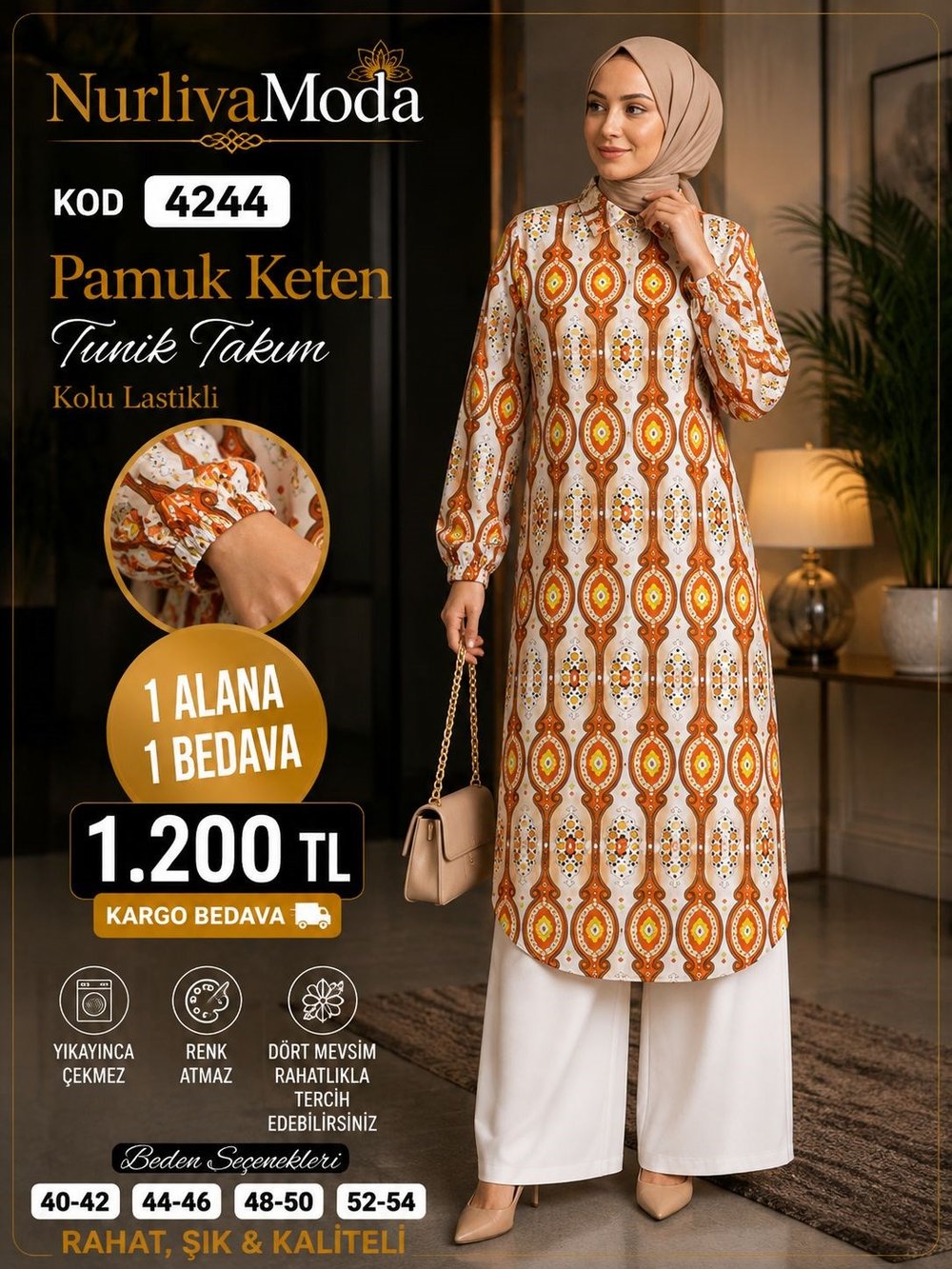 1 ALANA 1 BEDAVA 1200 TL KARGO BEDAVA ETNİK DESEN TUNİK TAKIM TURUNCU 