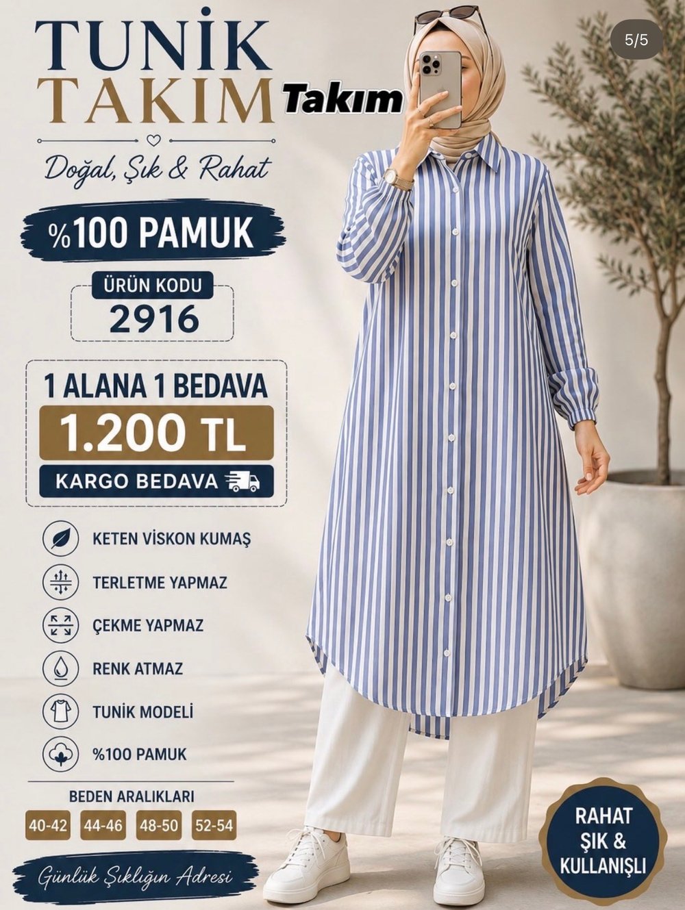 1 ALANA 1 BEDAVA 1200 TL KARGO BEDAVA TUNİK TAKIM MAVİ 