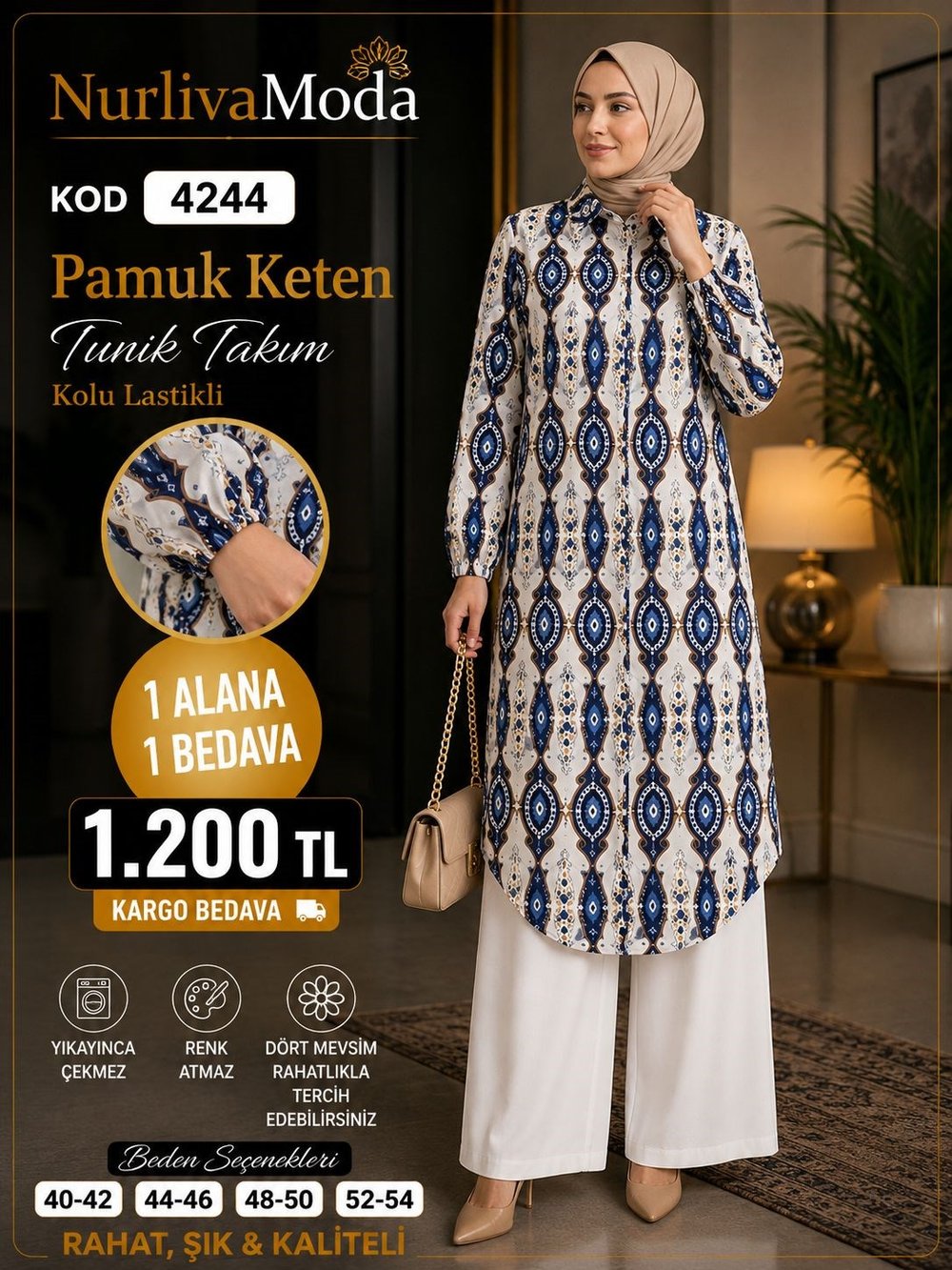 1 ALANA 1 BEDAVA 1200 TL KARGO BEDAVA ETNİK DESEN TUNİK TAKIM MAVİ 