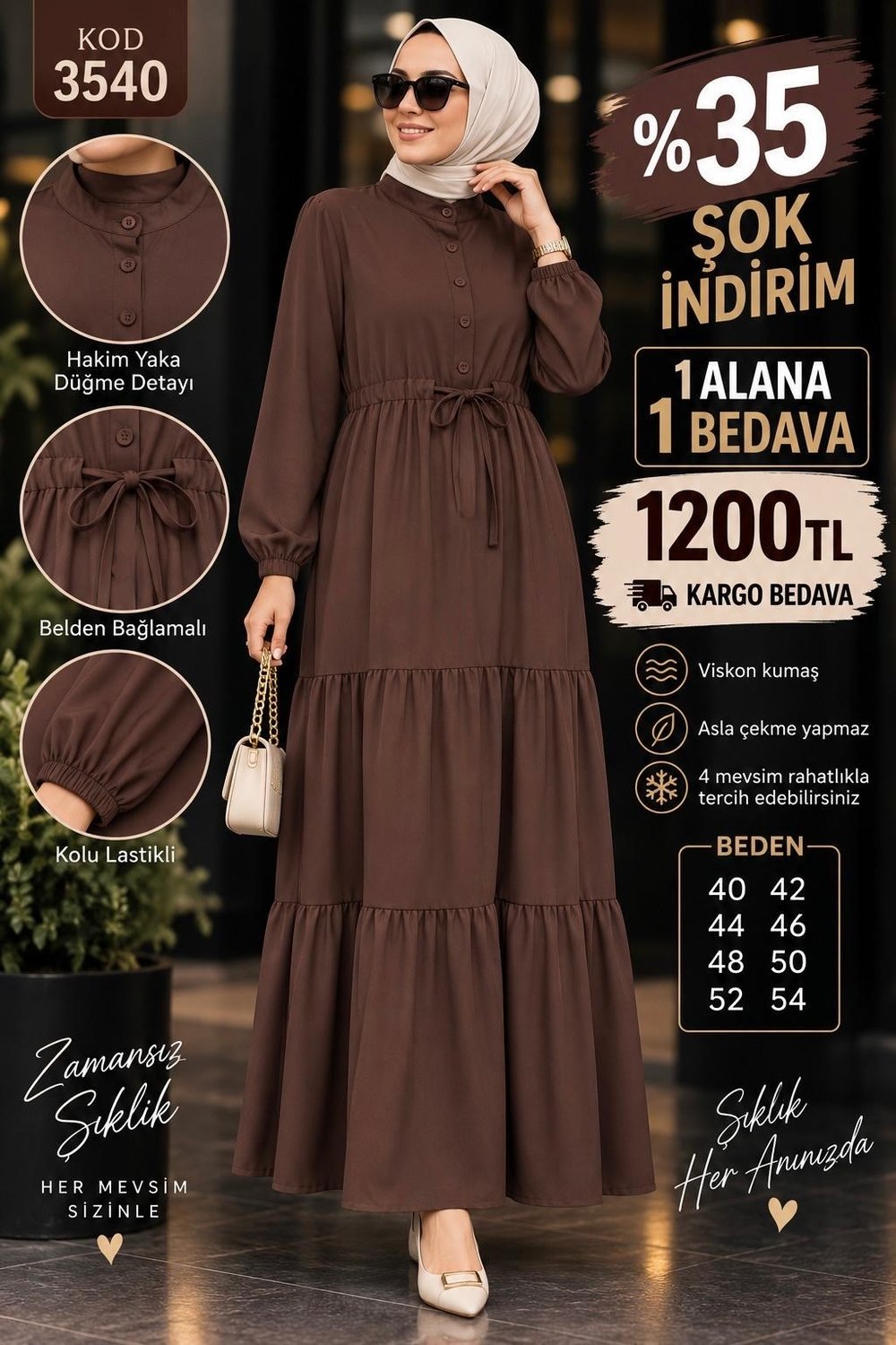1 ALANA 1 BEDAVA 1200 TL KARGO BEDAVA VİSKON KUMAŞ ELBİSE KAHVERENGİ 