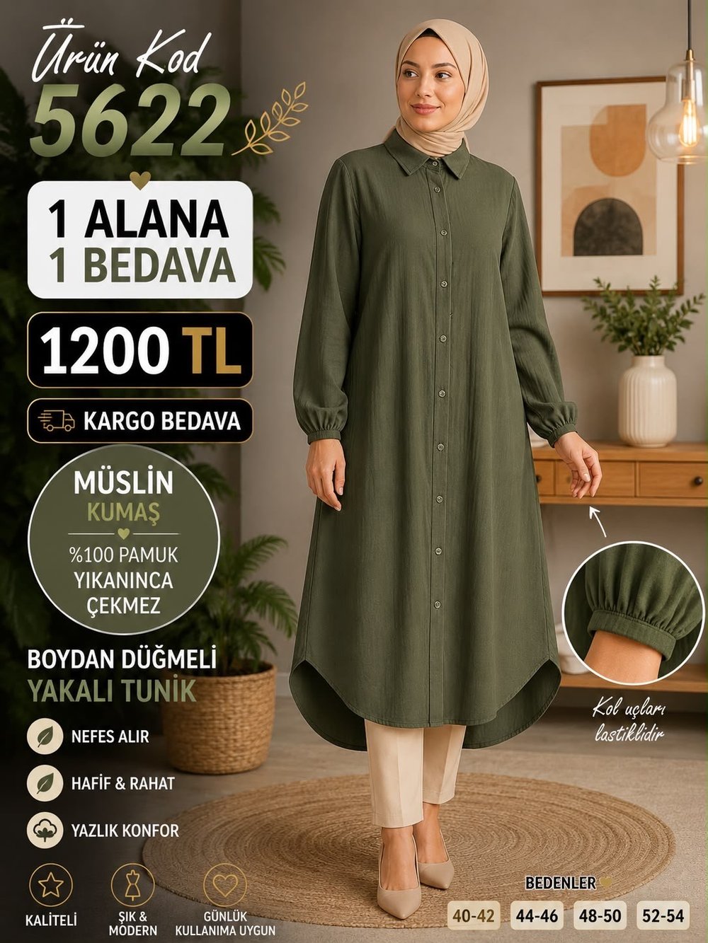 1 ALANA 1 BEDAVA 1200 TL KARGO BEDAVA MÜSLİM KUMAŞ BOYDAN DÜĞMELİ TUNİK ASKER YEŞİLİ 