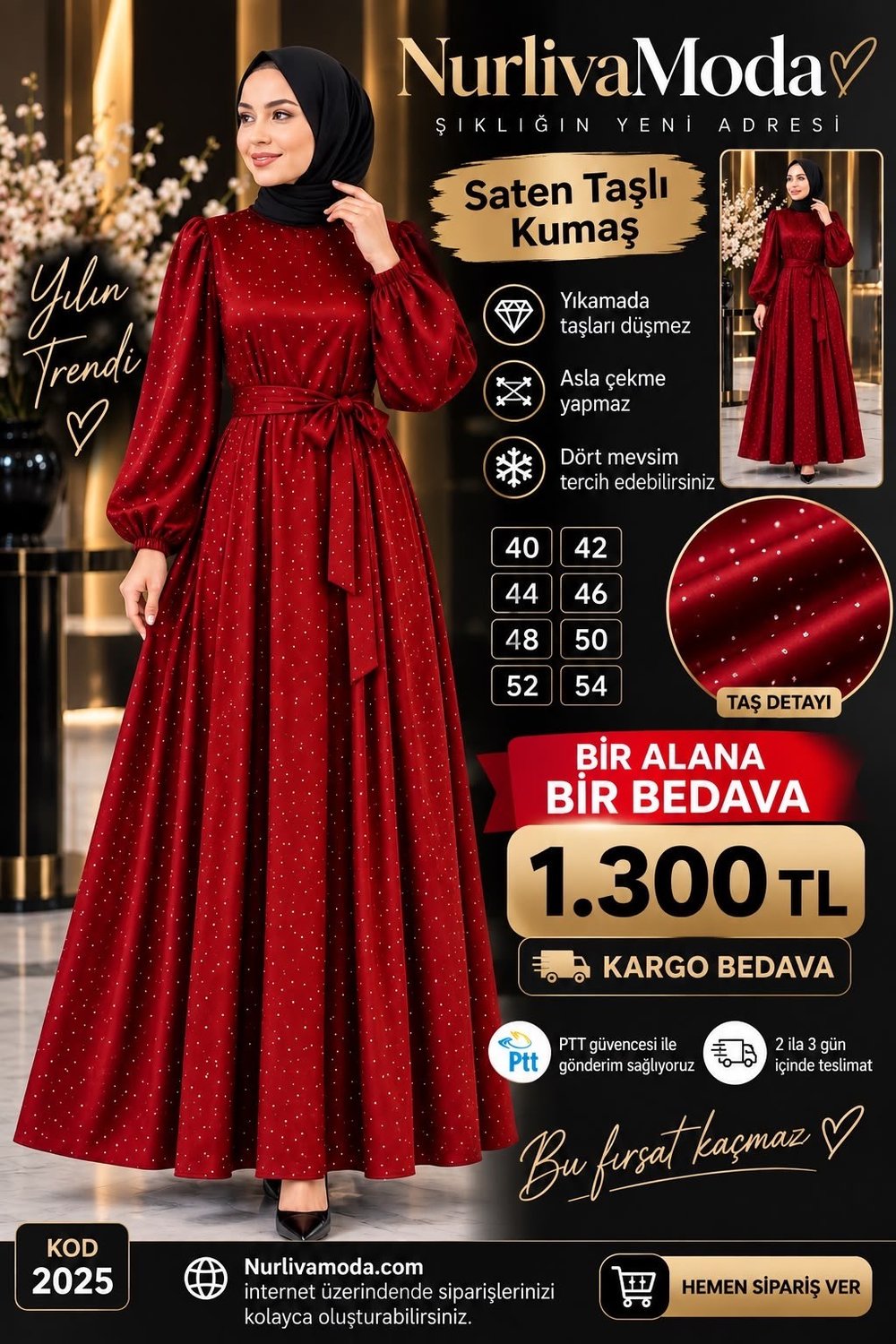 1 ALANA 1 BEDAVA 1300 TL KARGO BEDAVA  TAŞ BASKILI SATEN KUMAŞ SEYYAR KEMERLİ ABİYE ELBİSE KIRMIZI 