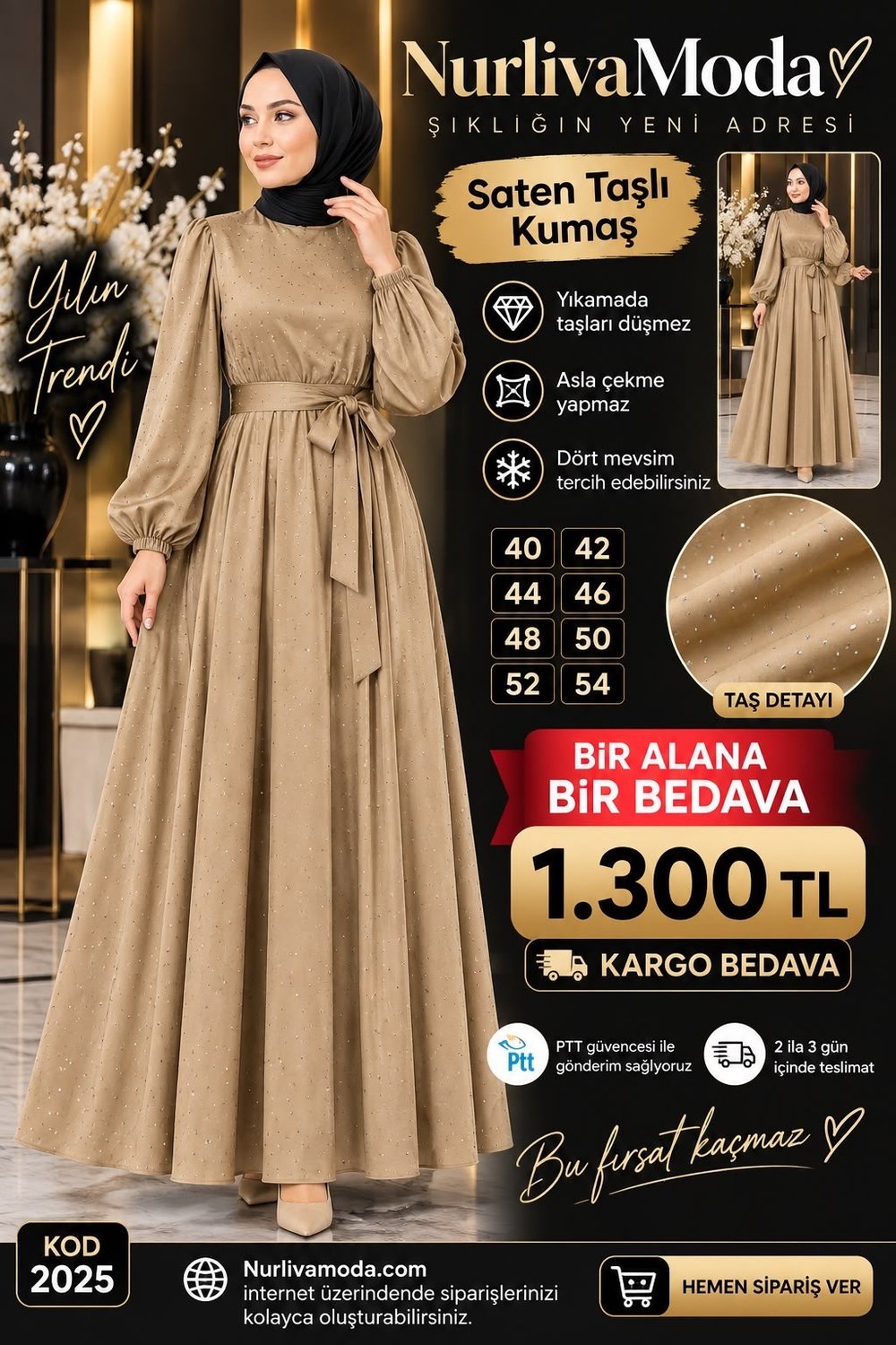1 ALANA 1 BEDAVA 1300 TL KARGO BEDAVA  TAŞ BASKILI SATEN KUMAŞ SEYYAR KEMERLİ ABİYE ELBİSE SÜTLÜ KAHVE 