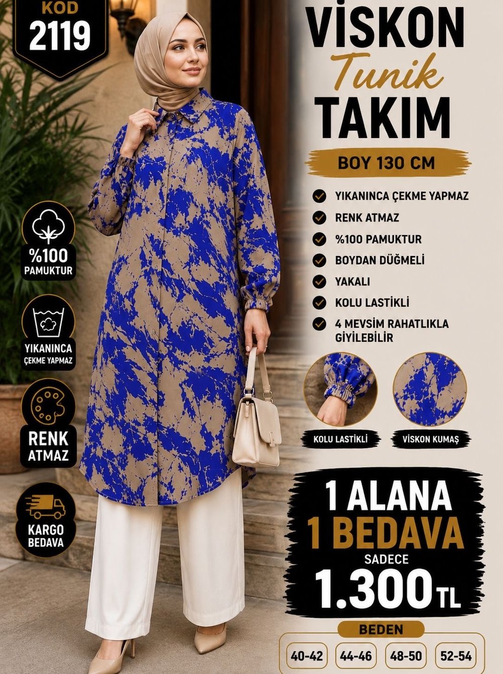 1 ALANA 1 BEDAVA 1300 TL KARGO BEDAVA BOYDAN DÜĞMELİ PANTOLONLU VİSKON KUMAŞ TUNİK TAKIM MAVİ - KAHVERENGİ  