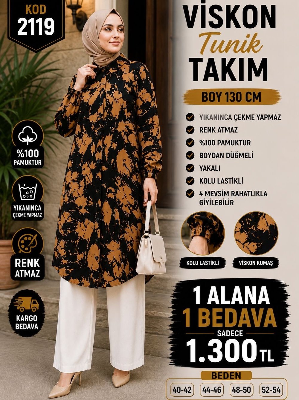 1 ALANA 1 BEDAVA 1300 TL KARGO BEDAVA BOYDAN DÜĞMELİ PANTOLONLU VİSKON KUMAŞ TUNİK TAKIM SİYAH - KAHVERENGİ 