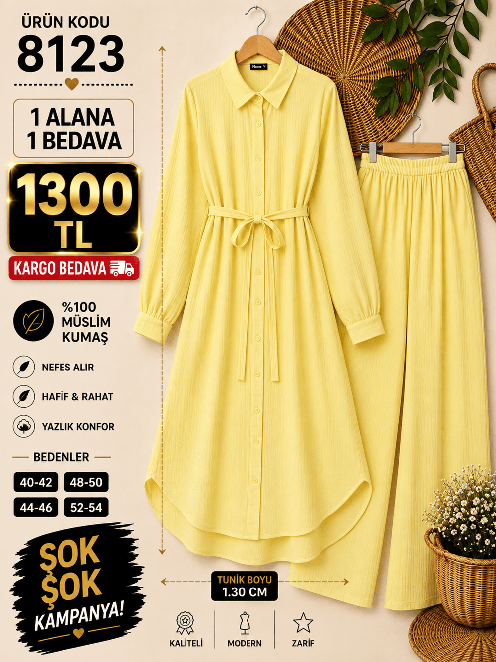 1 ALANA 1 BEDAVA 1300 TL KARGO BEDAVA MÜSLİN KUMAŞ PANTOLONLU BOYDAN DÜĞMELİ DİZ ALTI TUNİK TAKIM SARI 