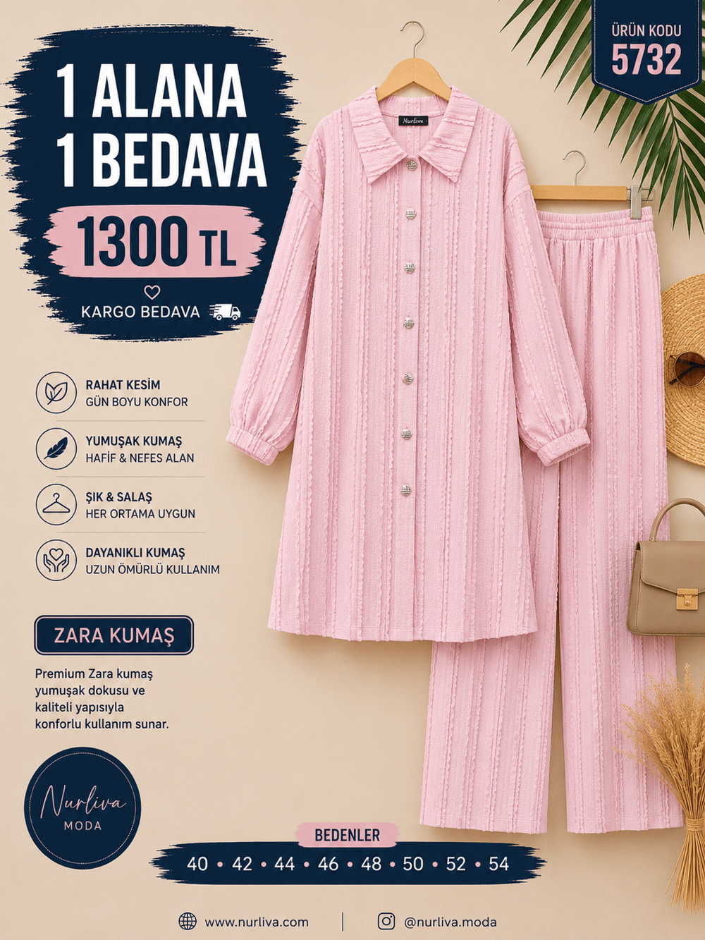 1 ALANA 1 BEDAVA 1300 TL KARGO BEDAVA ZARA KUMAŞ PANTOLONLU TAKIM  SOFT PUDRA  PEMBE 