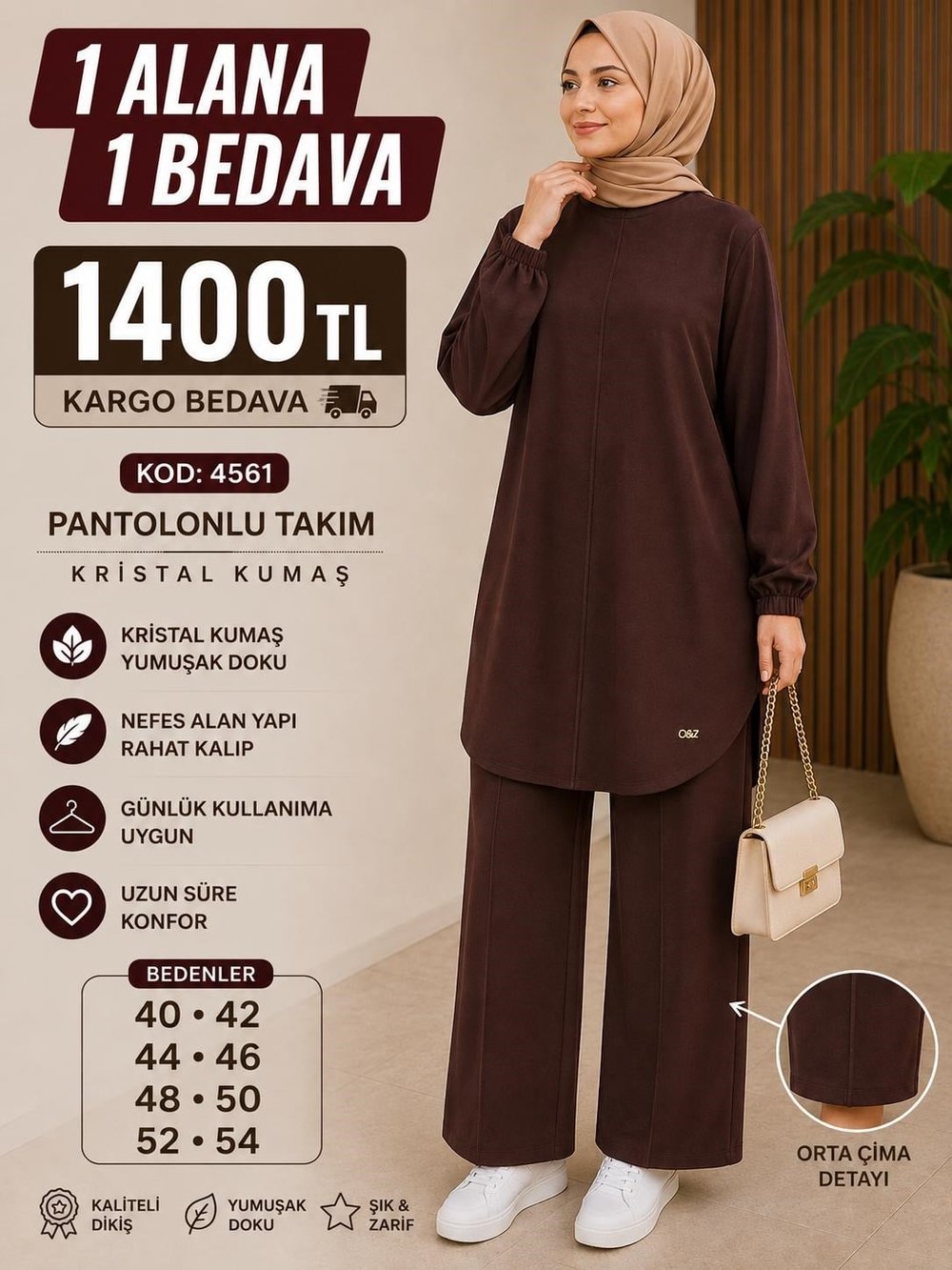 1 ALANA 1 BEDAVA 1400 TL KARGO BEDAVA OYSHO KUMAŞ ÇİMA DETAYLI PANTALONLU TAKIM KAHVERENGİ 