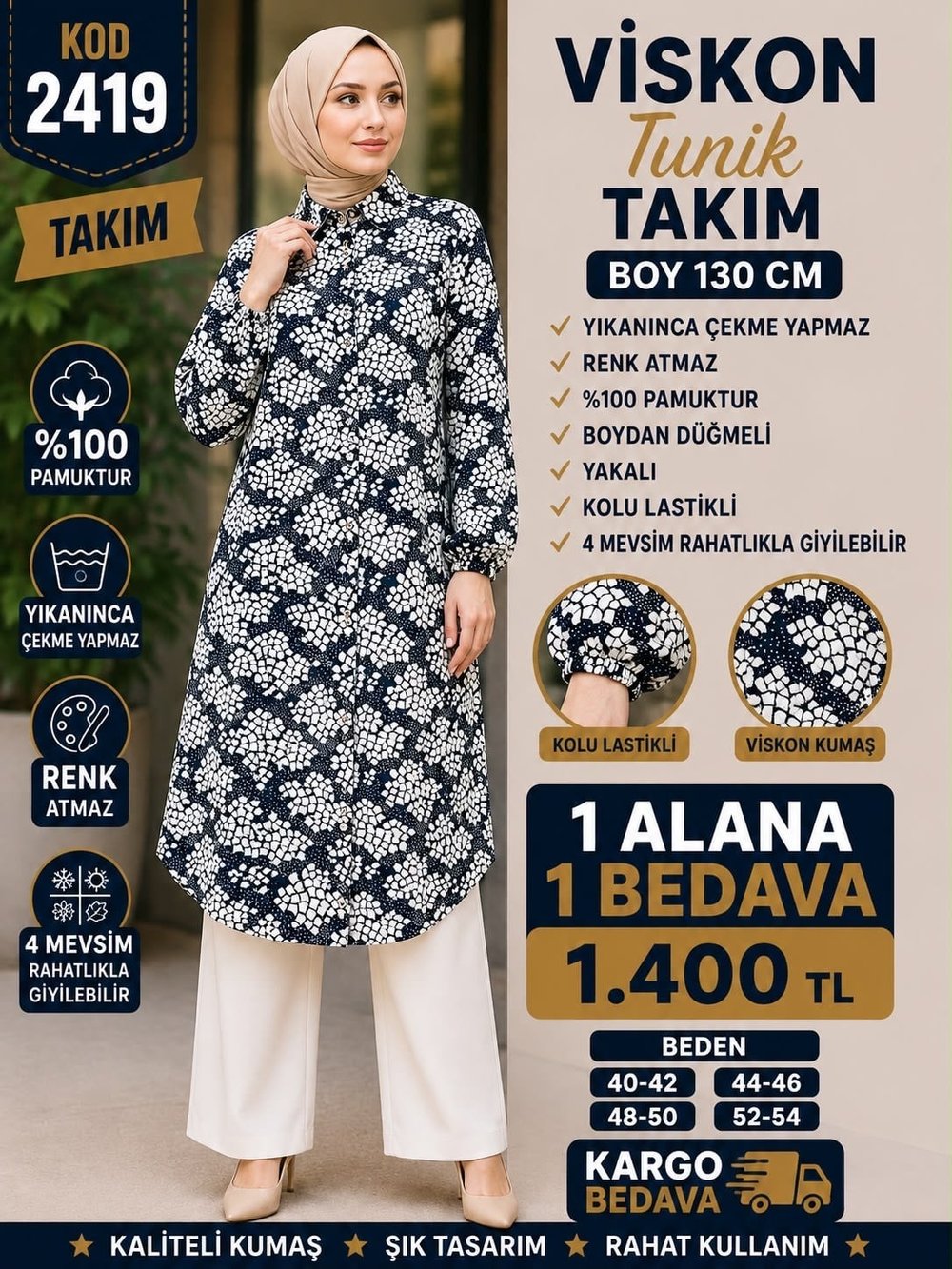 1 ALANA 1 BEDAVA 1400 TL KARGO BEDAVA VİSKON KUMAŞ TUNİKLİ TAKIM LACİVERT 