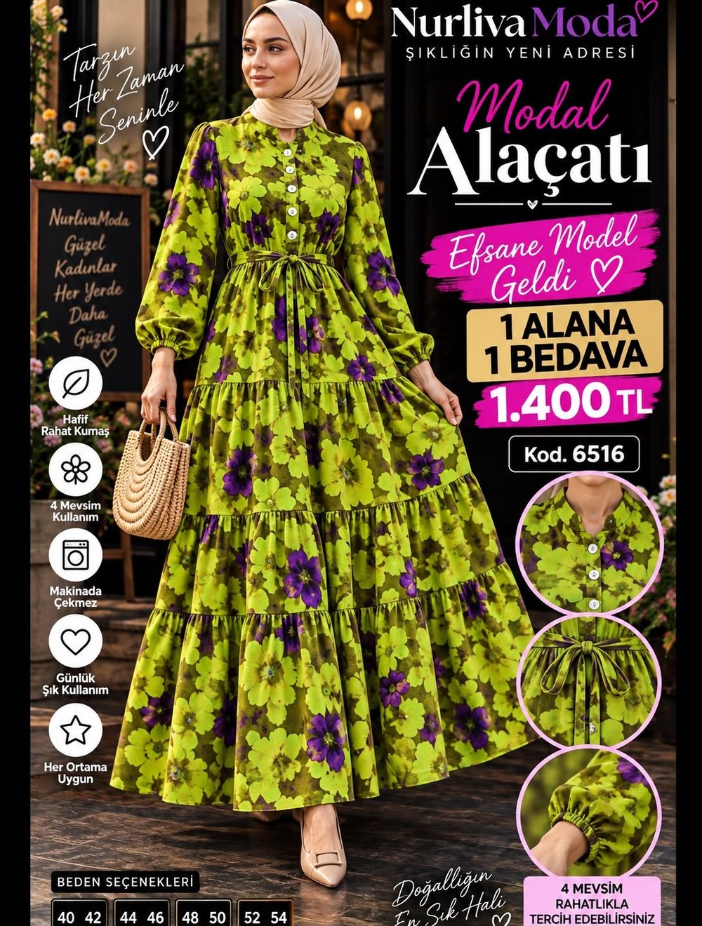 1 ALANA 1 BEDAVA 1400 TL KARGO BEDAVA ALAÇATI BELDEN BAĞLAMALI ELBİSE YEŞİL 