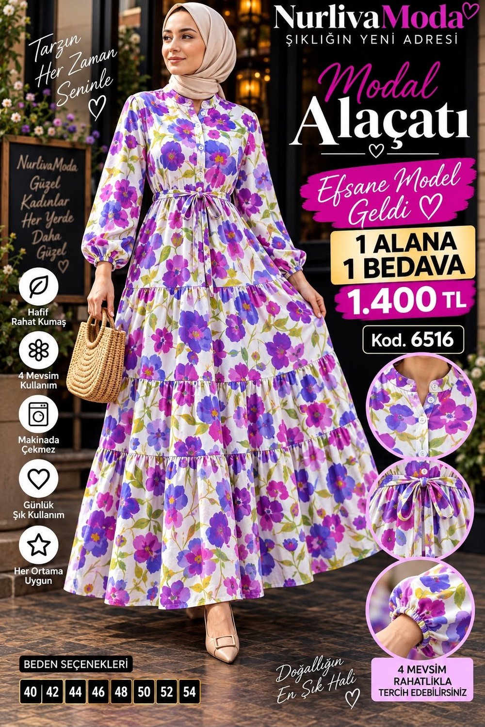 1 ALANA 1 BEDAVA 1400 TL KARGO BEDAVA ALAÇATI BELDEN BAĞLAMALI ELBİSE MOR 