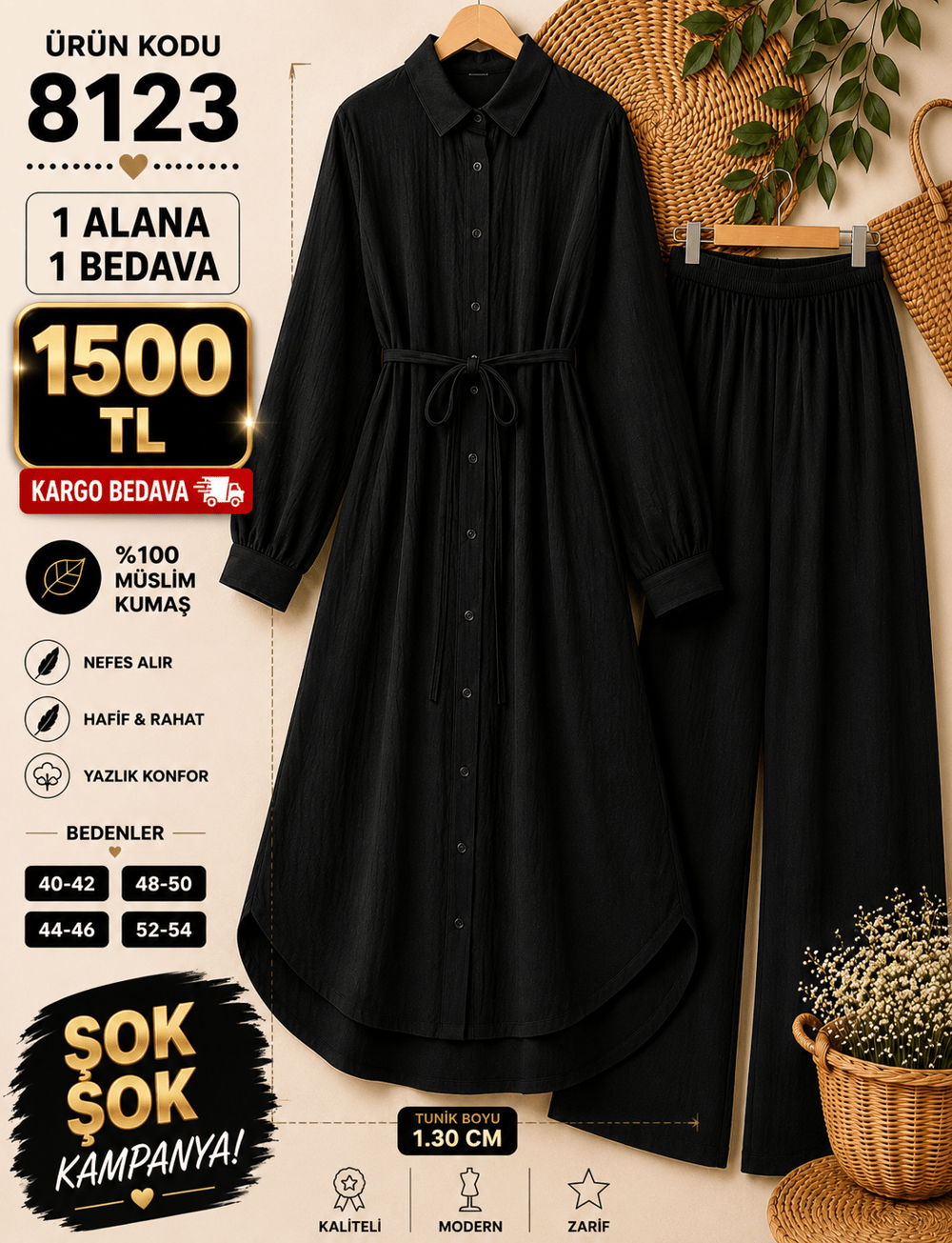 1 ALANA 1 BEDAVA 1500 TL KARGO BEDAVA MÜSLİN KUMAŞ PANTOLONLU BOYDAN DÜĞMELİ DİZ ALTI TUNİK TAKIM SİYAH 