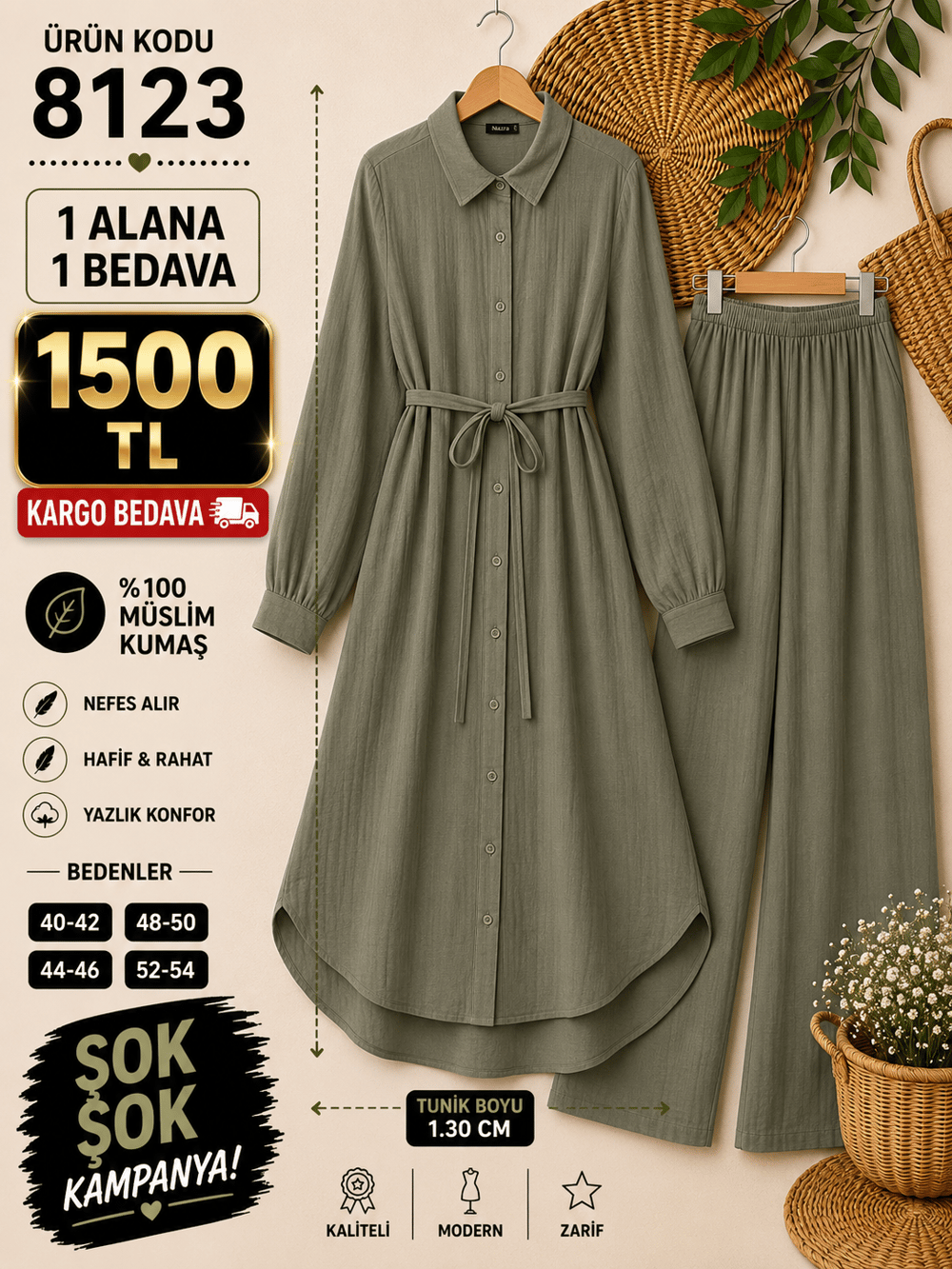 1 ALANA 1 BEDAVA 1500 TL KARGO BEDAVA MÜSLİN KUMAŞ PANTOLONLU BOYDAN DÜĞMELİ DİZ ALTI TUNİK TAKIM ÇAĞLA YEŞİLİ 