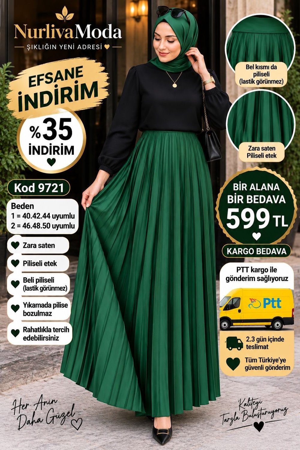 1 ALANA 1 BEDAVA 599 TL KARGO BEDAVA PİLİSELİ ZARA SATEN BELİ ETEK ZÜMRÜT YEŞİLİ 