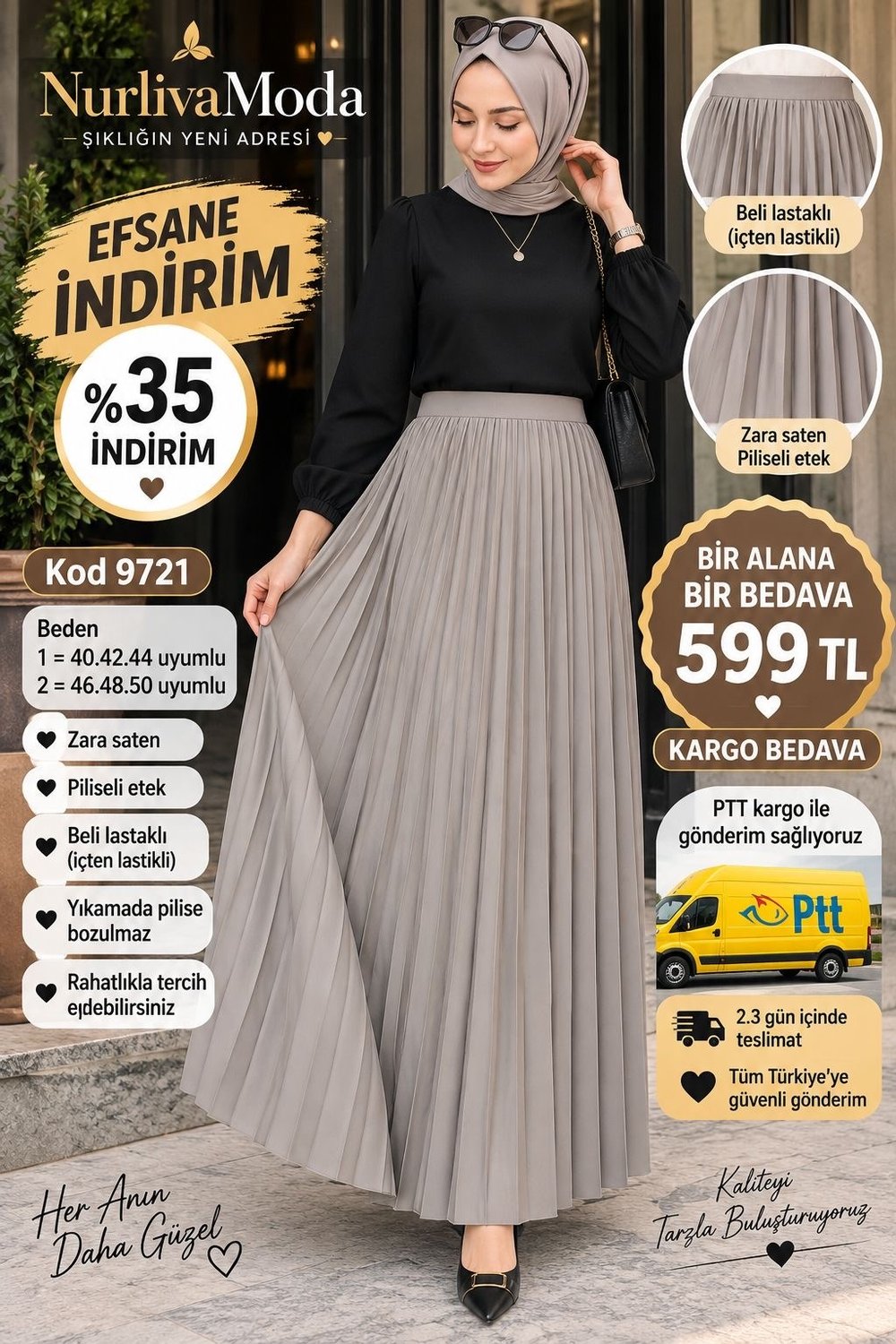 1 ALANA 1 BEDAVA 599 TL KARGO BEDAVA PİLİSELİ ZARA SATEN BELİ ETEK  AÇIK VİZON 