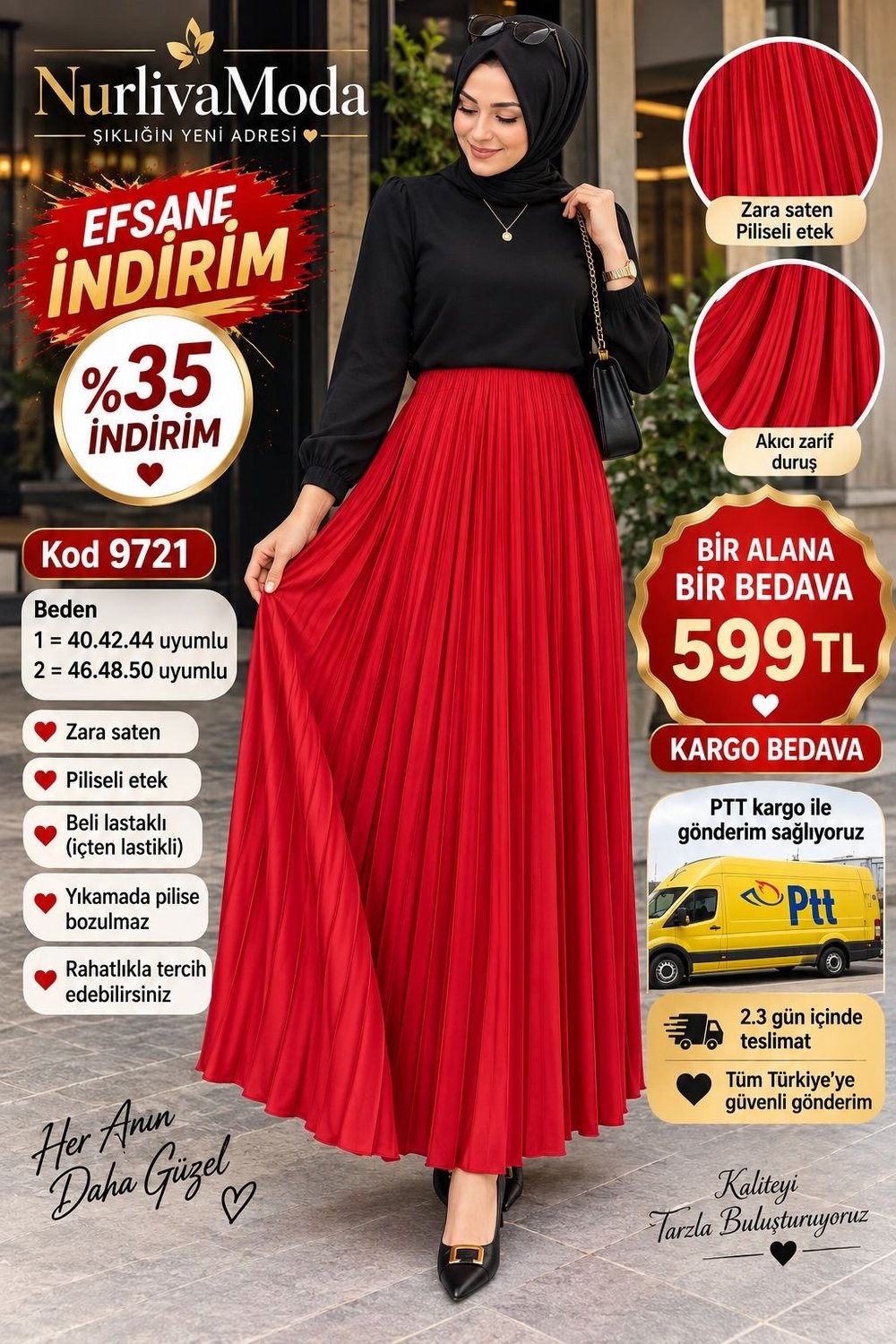 1 ALANA 1 BEDAVA 599 TL KARGO BEDAVA PİLİSELİ ZARA SATEN BELİ ETEK  KIRMIZI 
