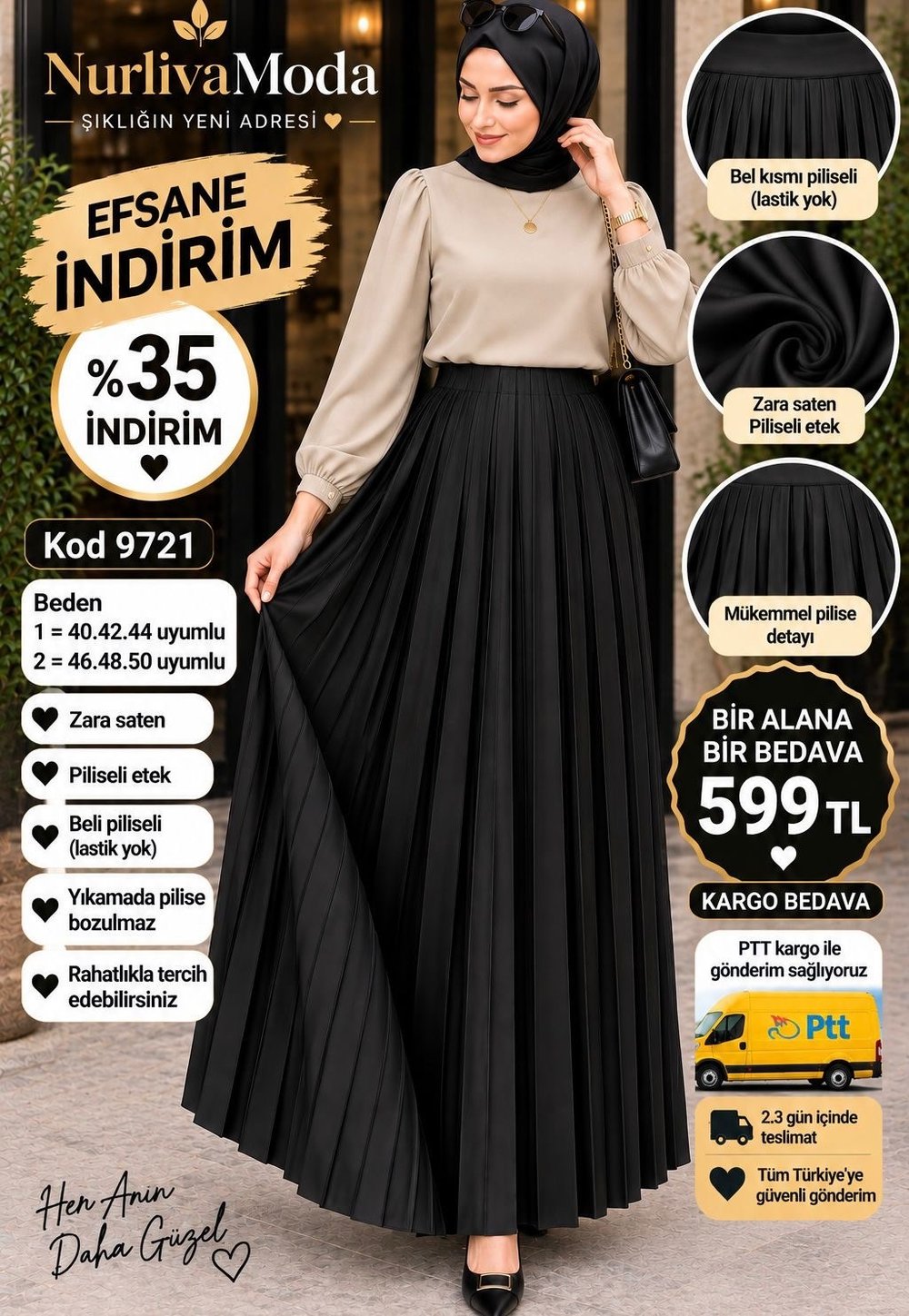 1 ALANA 1 BEDAVA 599 TL KARGO BEDAVA PİLİSELİ ZARA SATEN BELİ ETEK  SİYAH 