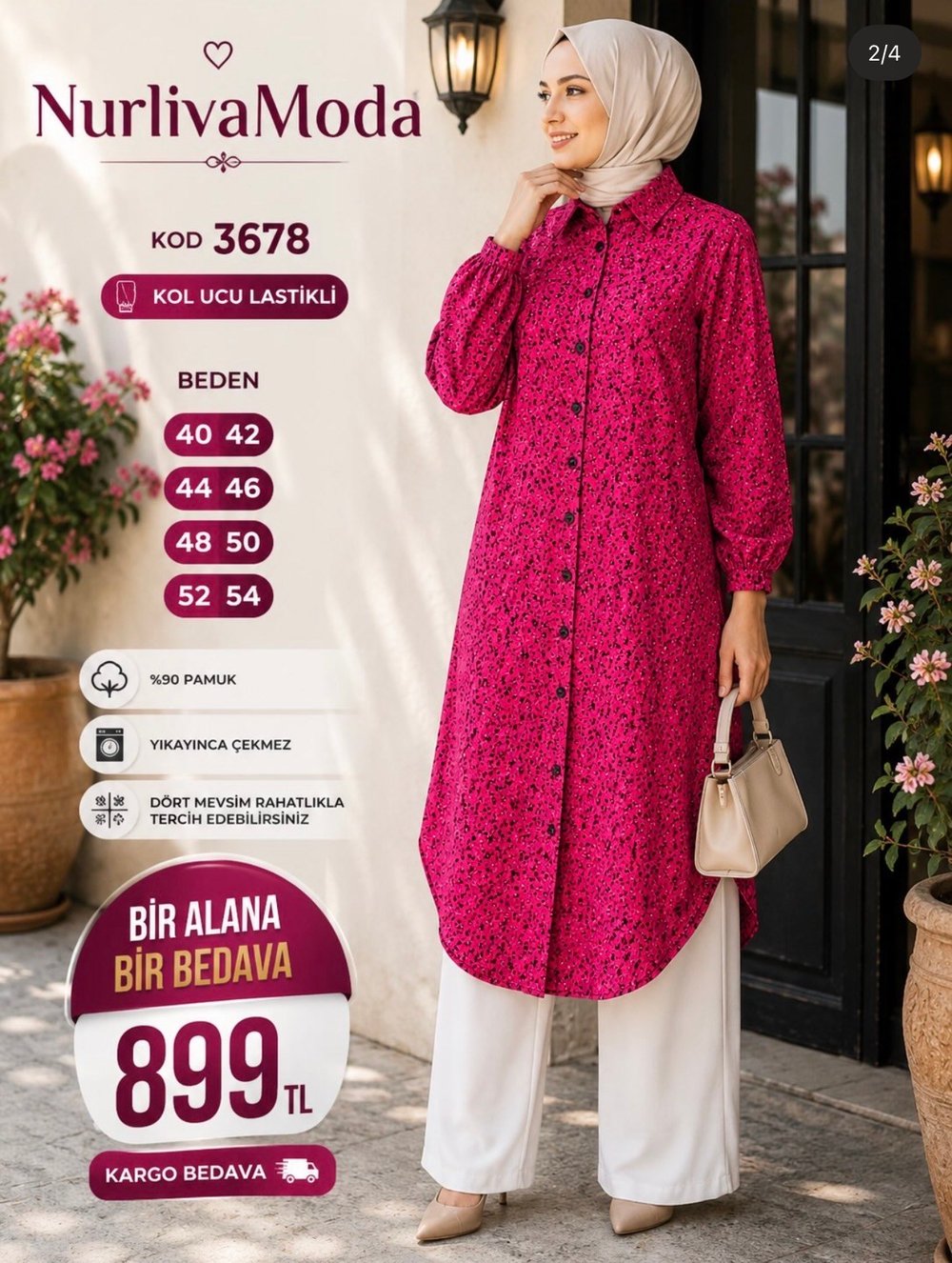 1 ALANA  1 BEDAVA 899 TL KARGO BEDAVA MÜSLİM KETEN KUMAŞ ÇİÇEK DESENLİ BOYDAN DÜĞMELİ  TUNİK PEMBE 