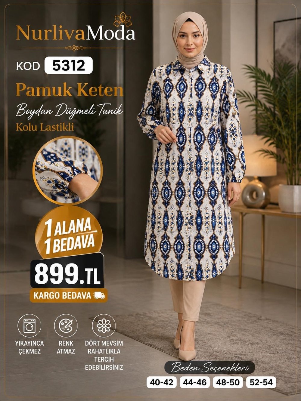 1 ALANA 1 BEDAVA 899 TL KARGO BEDAVA  PAMUK KETEN BOYDAN DÜĞMELİ TUNİK MAVİ