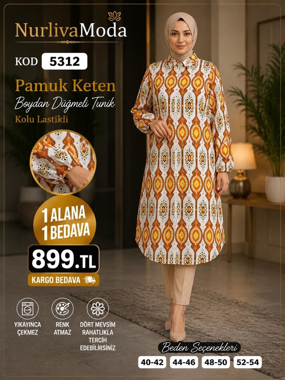 1 ALANA 1 BEDAVA 899 TL KARGO BEDAVA  PAMUK KETEN BOYDAN DÜĞMELİ TUNİK TURUNCU