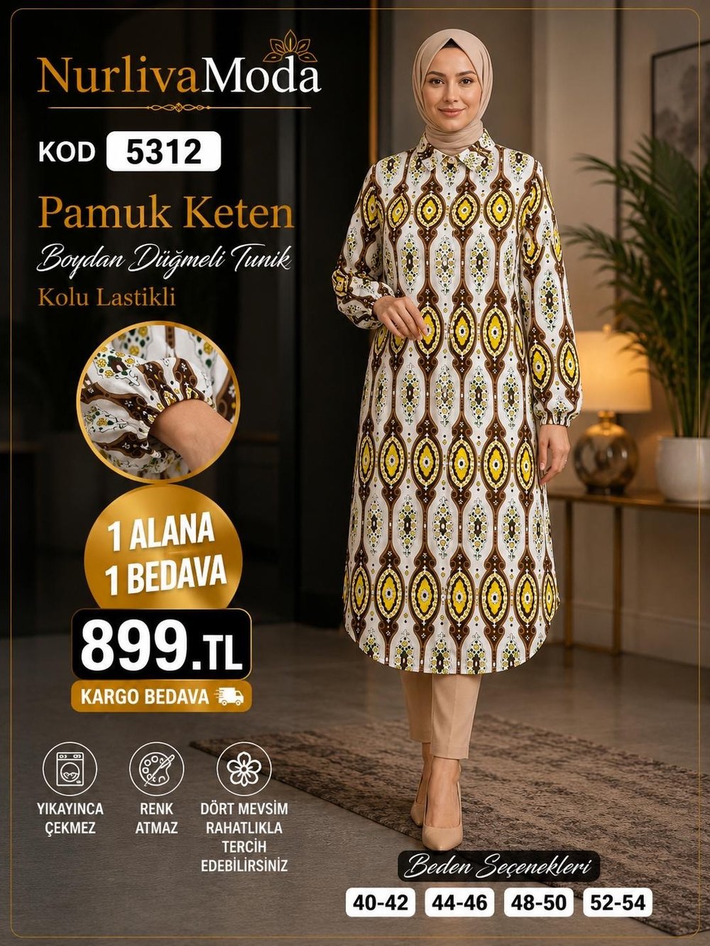 1 ALANA 1 BEDAVA 899 TL KARGO BEDAVA  PAMUK KETEN BOYDAN DÜĞMELİ TUNİK SARI