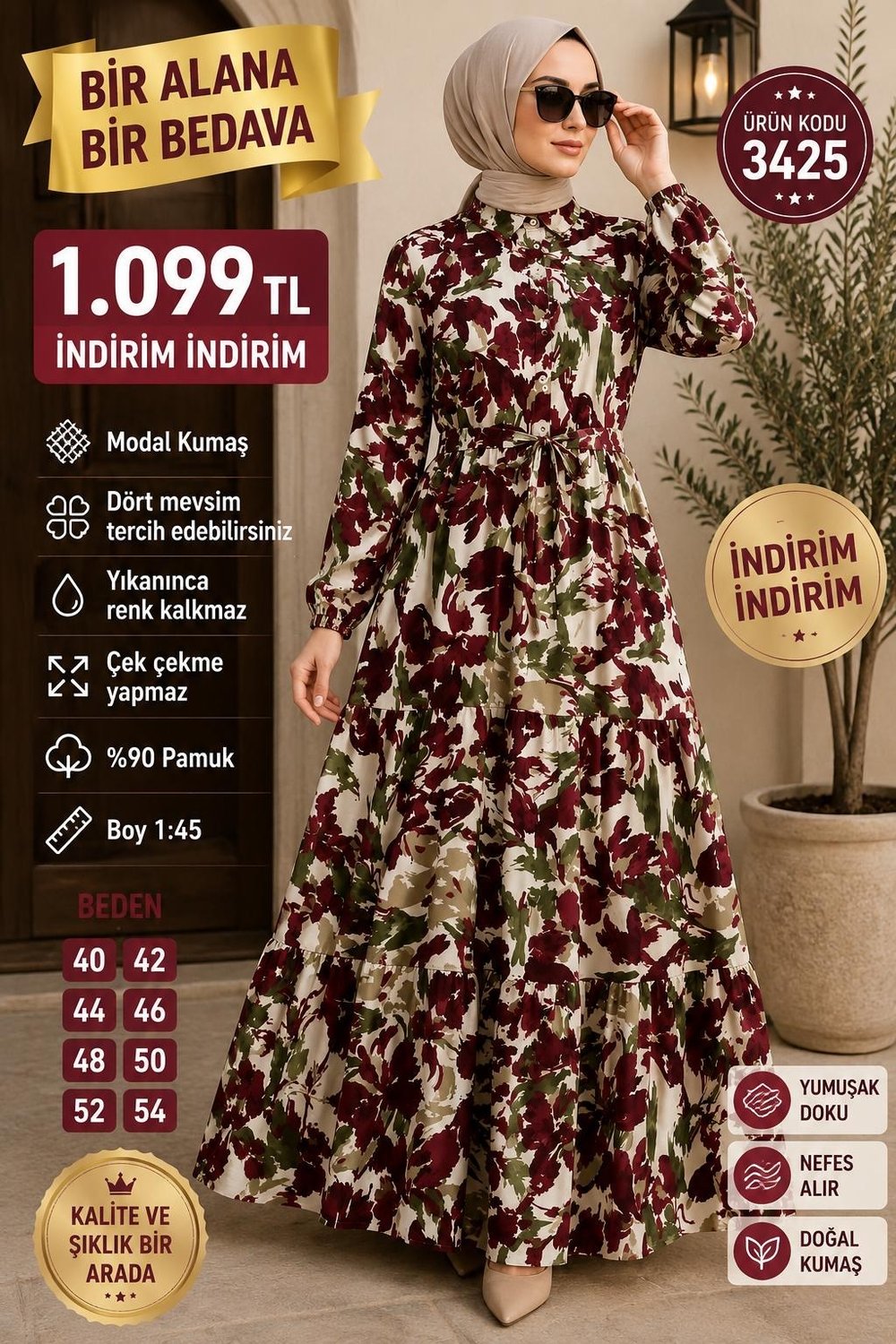 1 ALANA 1 BEDAVA KARDO BEDAVA BELDEN BAĞLAMALI MODAL KUMAŞ ÇİÇEKLİ ELBİSE BORDO