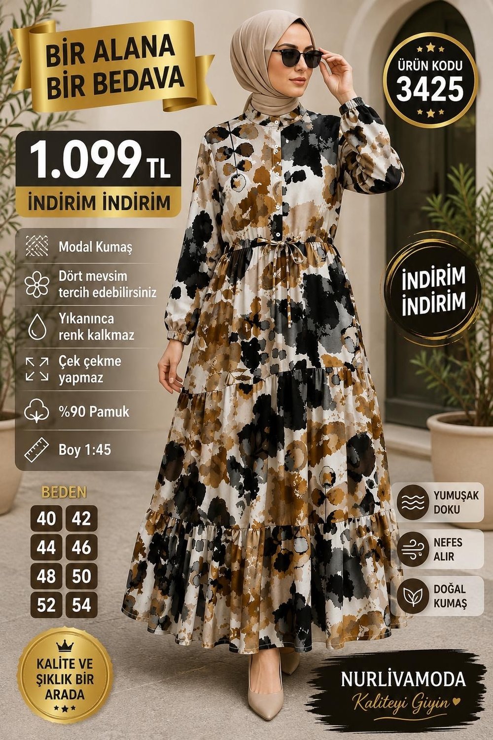 1 ALANA 1 BEDAVA KARDO BEDAVA BELDEN BAĞLAMALI MODAL KUMAŞ ÇİÇEKLİ ELBİSE KAHVERENGİ