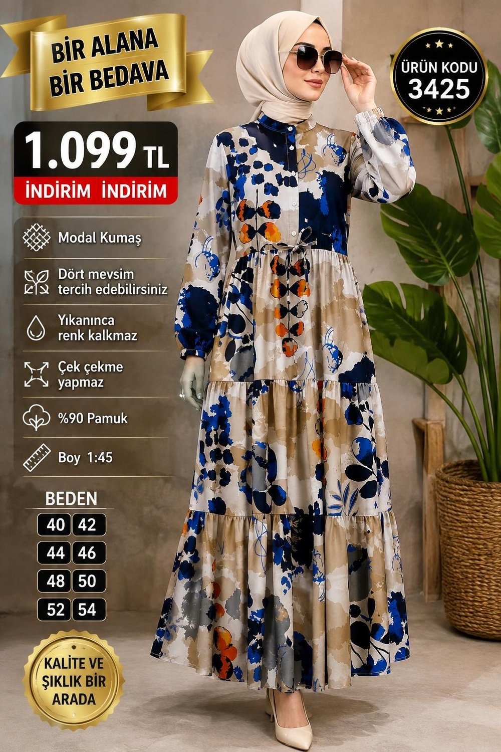 1 ALANA 1 BEDAVA KARDO BEDAVA BELDEN BAĞLAMALI MODAL KUMAŞ ÇİÇEKLİ ELBİSE MAVİ