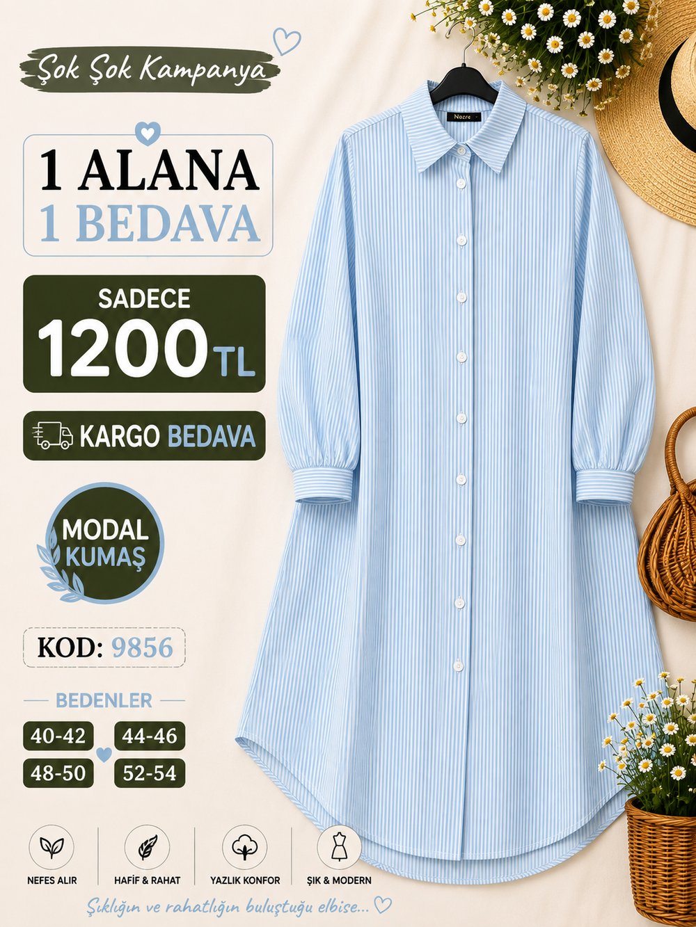 1 ALANA 1 BEDAVA KARGO BEDAVA ÇİZGİLİ VİSKON KETEN KUMAŞ BOYDAN DÜĞMELİ TUNİK BEBE MAVİ 