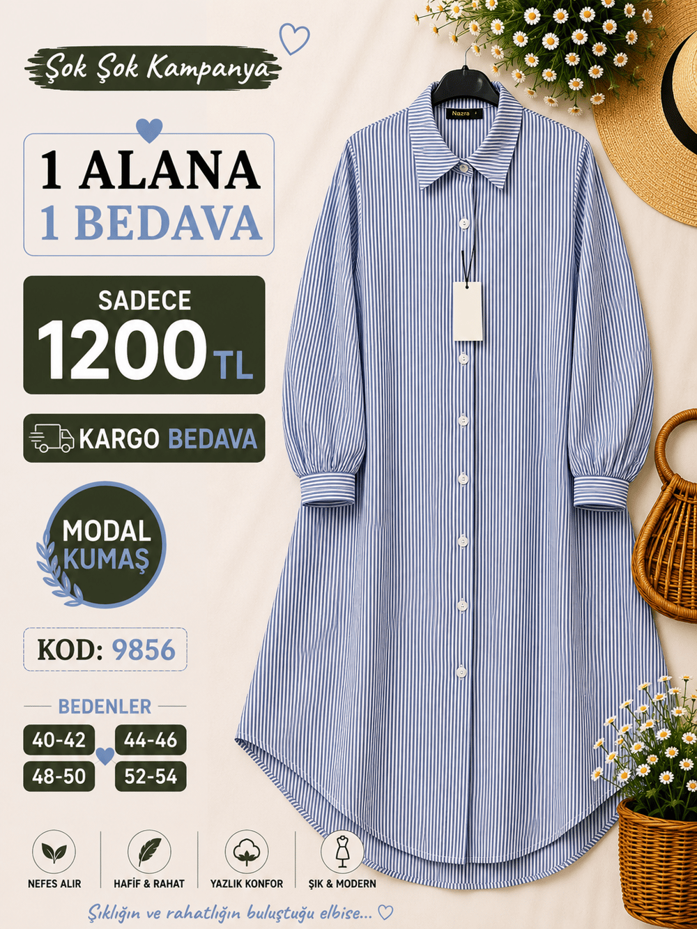 1 ALANA 1 BEDAVA KARGO BEDAVA ÇİZGİLİ VİSKON KETEN KUMAŞ BOYDAN DÜĞMELİ TUNİK MAVİ