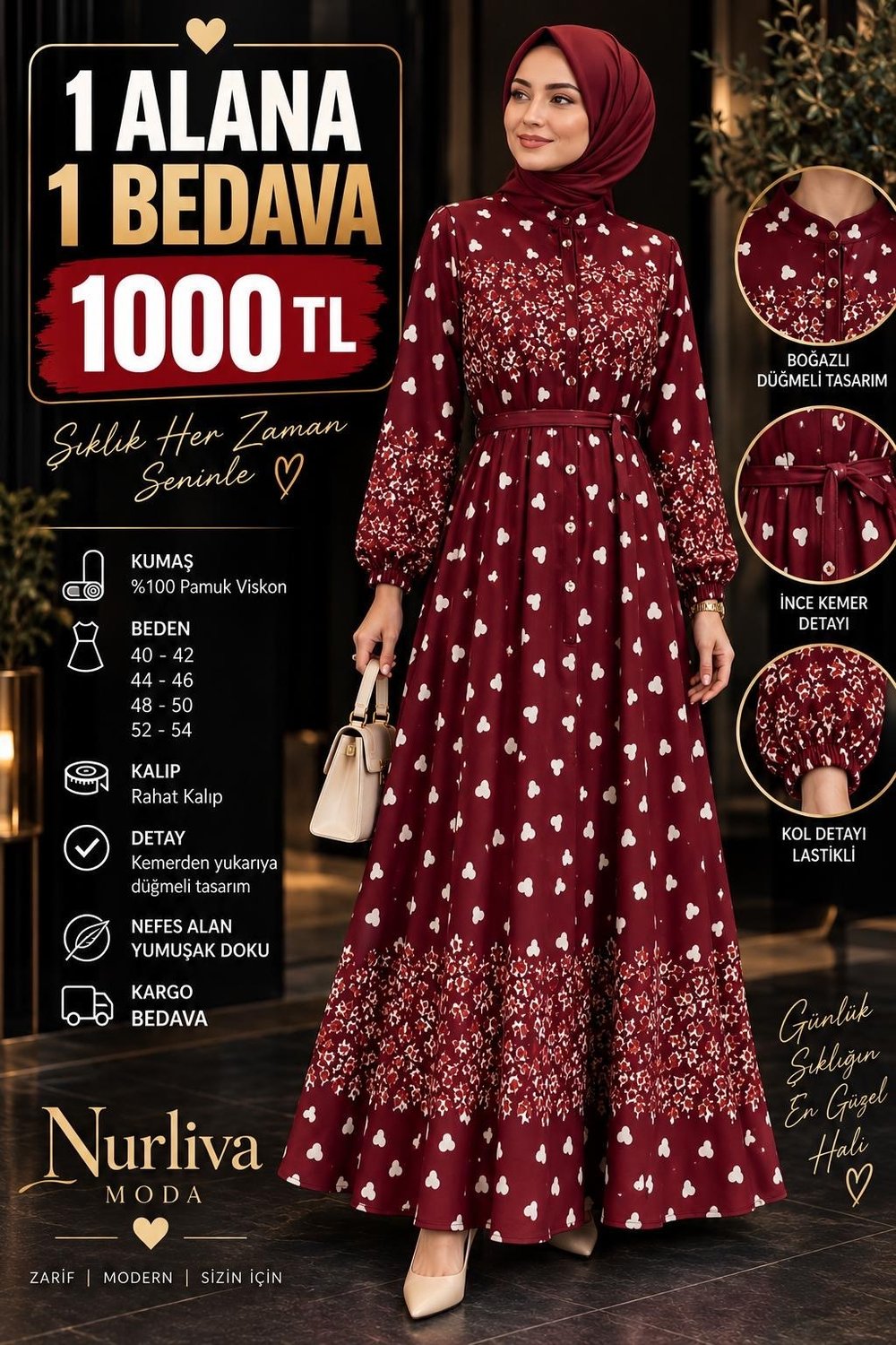 1 ALANA 1 BEDAVA KARGO BEDAVA   KALP DESENLİ DÜZ DOYDAN VİSKON KUMAŞ ELBİSE BORDO 