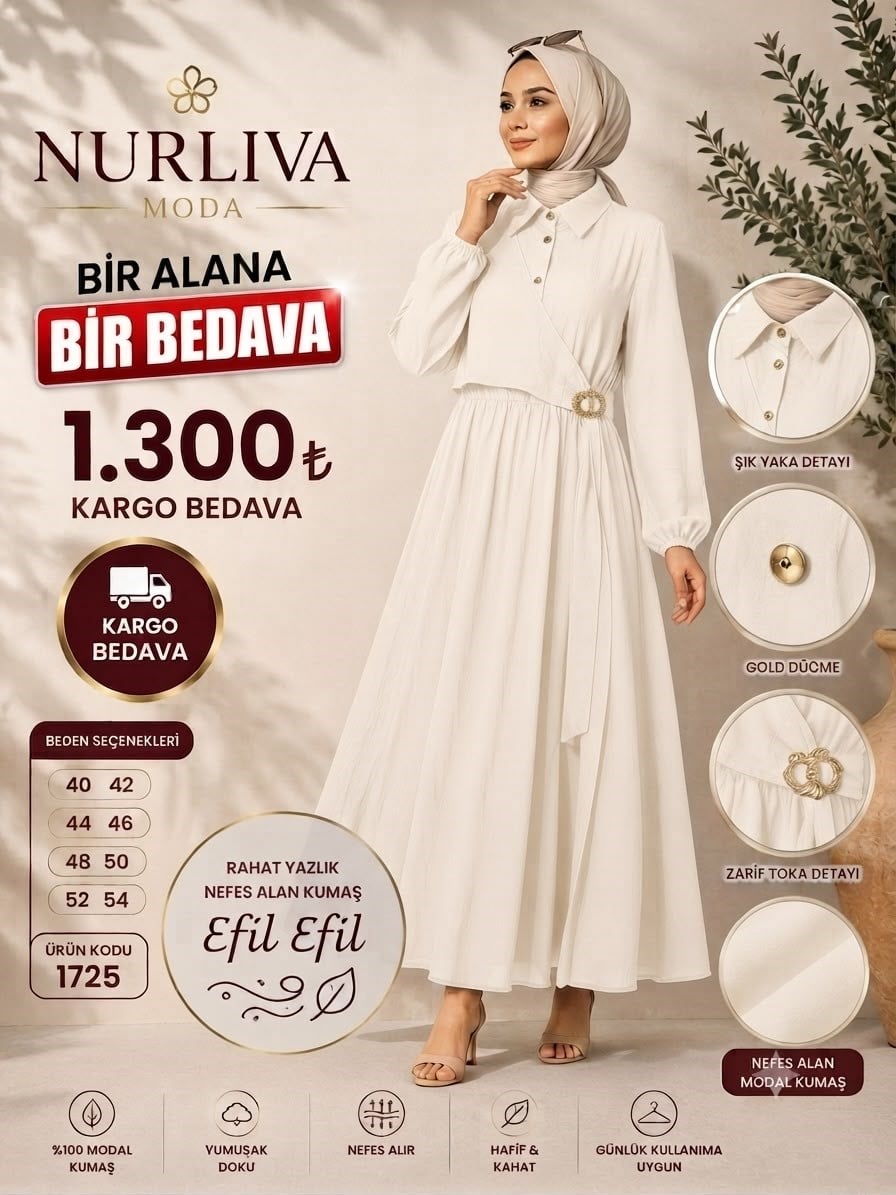 1725 MODAL KUMSAŞ BROŞ DETAYLI YANDAN BAĞLAMALI YENİ SEZON ELBİSE BEYAZ 