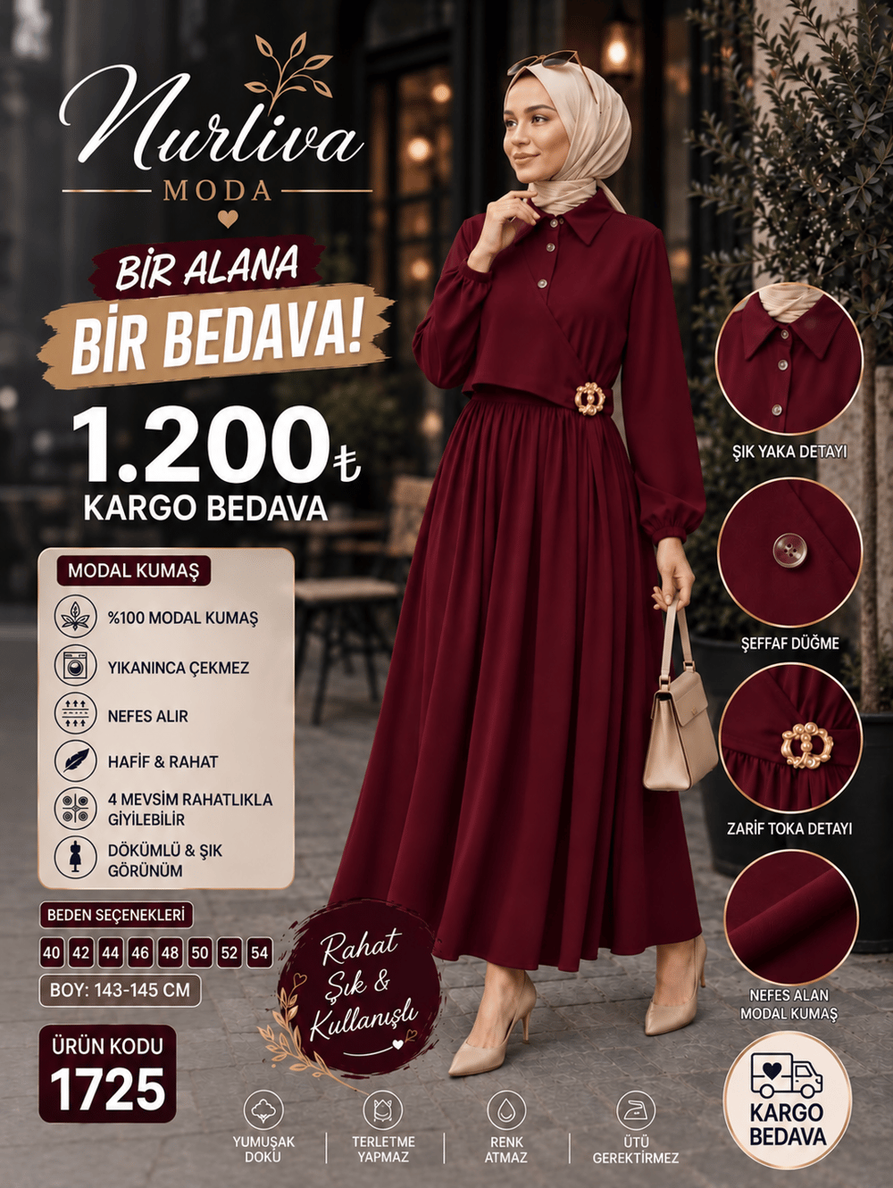 1725 MODAL KUMSAŞ BROŞ DETAYLI YANDAN BAĞLAMALI YENİ SEZON ELBİSE BORDO 