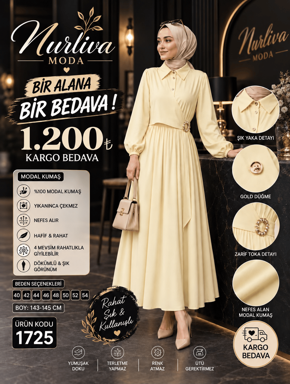 1725 MODAL KUMSAŞ BROŞ DETAYLI YANDAN BAĞLAMALI YENİ SEZON ELBİSE SARI 