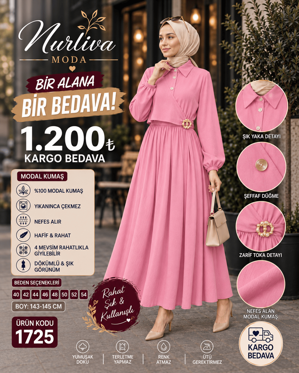 1725 MODAL KUMSAŞ BROŞ DETAYLI YANDAN BAĞLAMALI YENİ SEZON ELBİSE PEMBE 