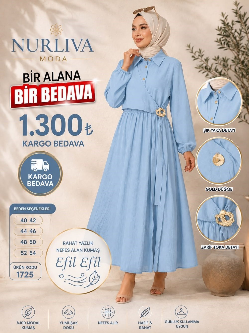 1725 MODAL KUMSAŞ BROŞ DETAYLI YANDAN BAĞLAMALI YENİ SEZON ELBİSE BEBE MAVİSİ 