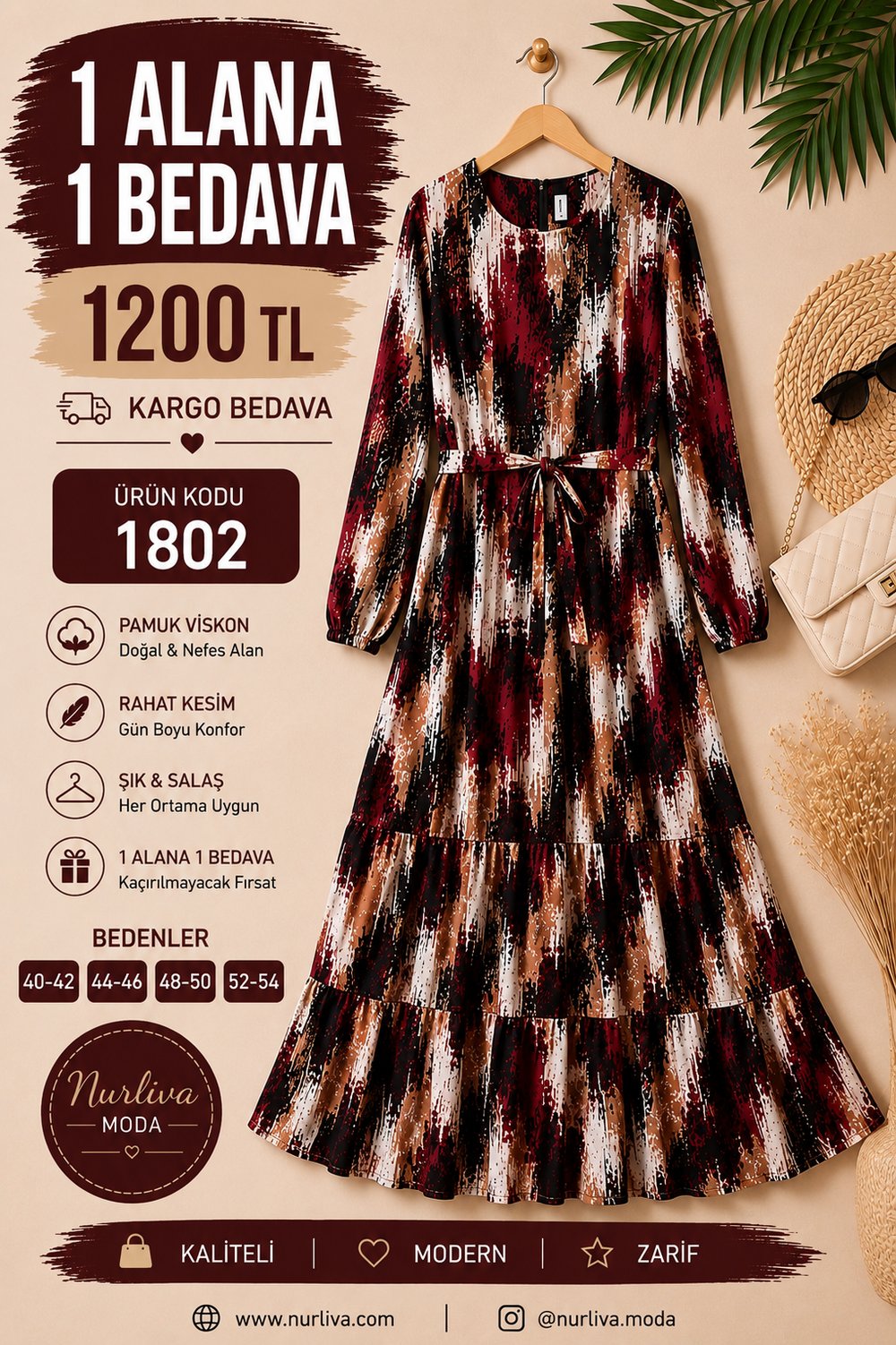 1802 BELDEN BAĞLAMALI BOYDAN VİSKON ELBİSE BORDO 