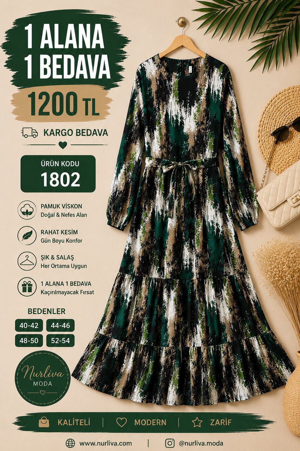 1802 BELDEN BAĞLAMALI BOYDAN VİSKON ELBİSE YEŞİL 