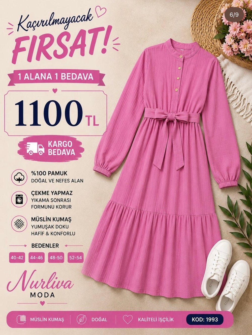 1993 MÜSLİN KUMAŞ SEYYAR KEMERLİ YARIYA KADAR DÜĞMELİ ELBİSE  PEMBE 