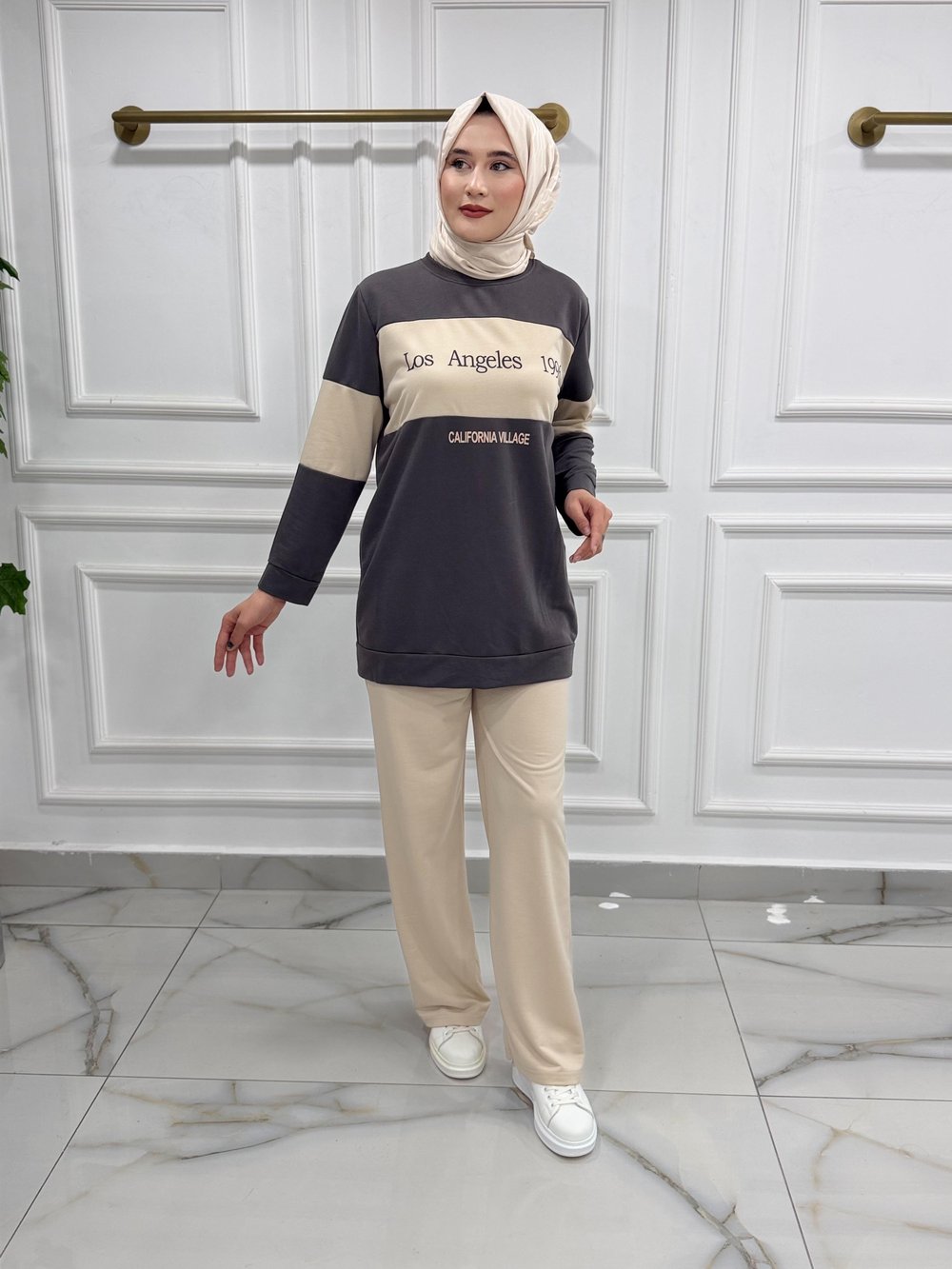 2063 İKİ İPLİK KUMAŞ LOS ANGELES  TUNİK TAKIM GRİ FÜME 