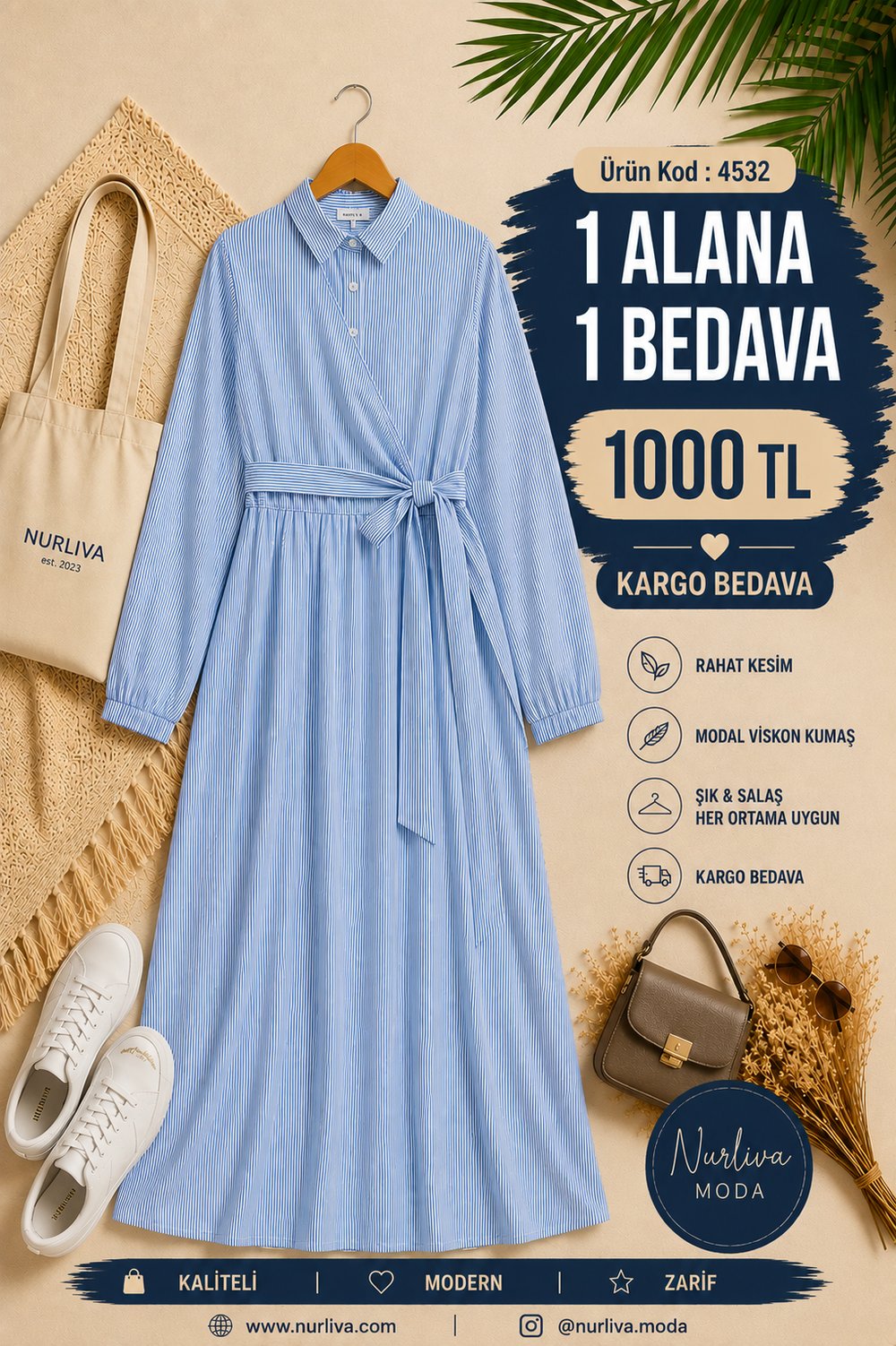 4532  YANDAN BAĞLAMALI YARIYA KADAR DÜZĞMELİ İNCE ÇİZGİLİ ELBİSE MAVİ 