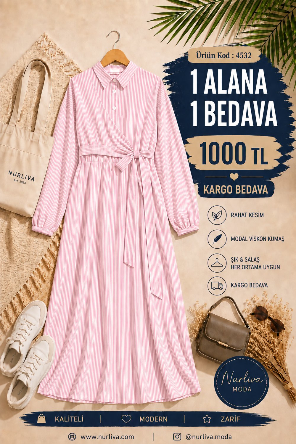 4532  YANDAN BAĞLAMALI YARIYA KADAR DÜZĞMELİ İNCE ÇİZGİLİ ELBİSE PEMBE 