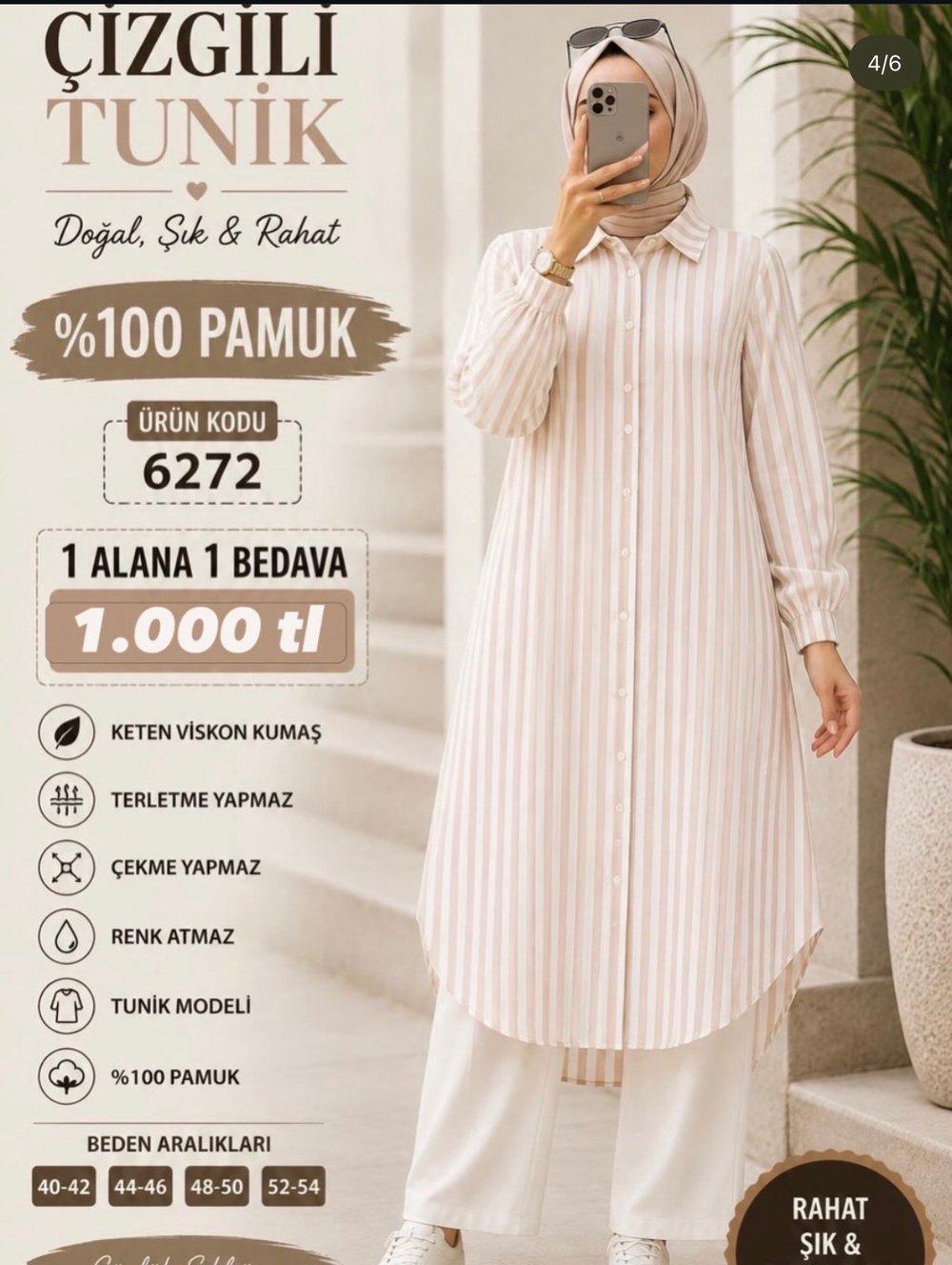 6272  MODAL KUMAŞ UZUN BOYDAN DÜĞMELİ GÖMLEK TUNİK BEJ 