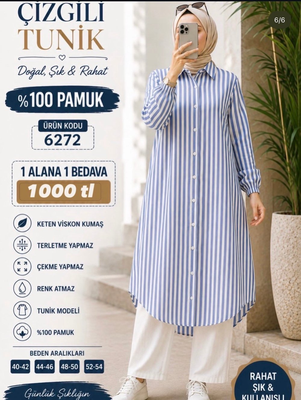 6272  MODAL KUMAŞ UZUN BOYDAN DÜĞMELİ GÖMLEK TUNİK  MAVİ 
