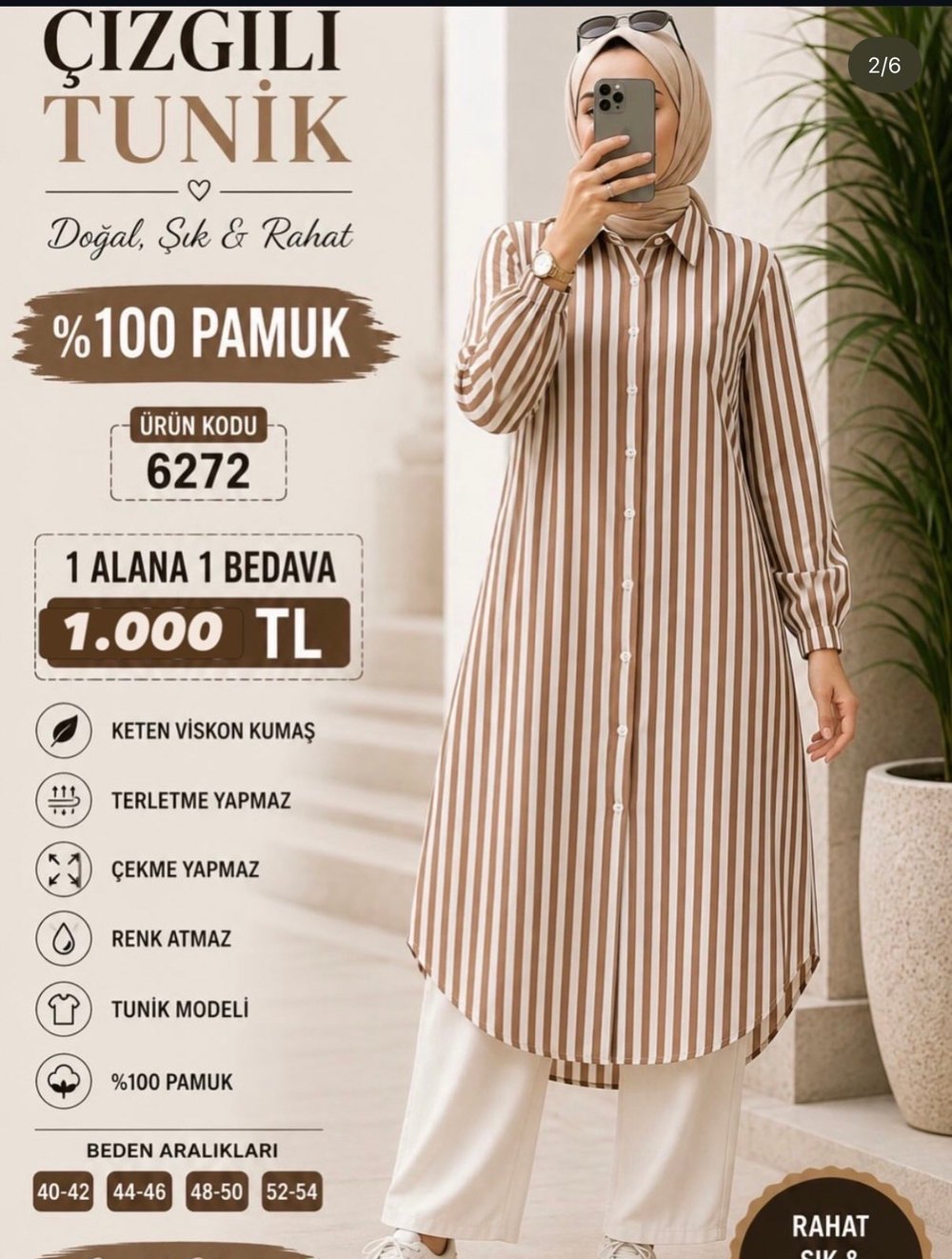 6272  MODAL KUMAŞ UZUN BOYDAN DÜĞMELİ GÖMLEK TUNİK  KAHVERENGİ 