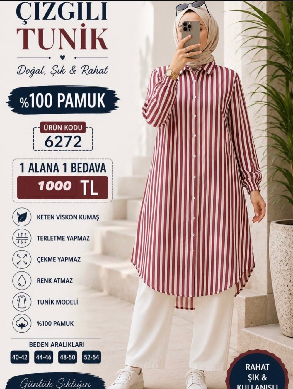 6272  MODAL KUMAŞ UZUN BOYDAN DÜĞMELİ GÖMLEK TUNİK BORDO 